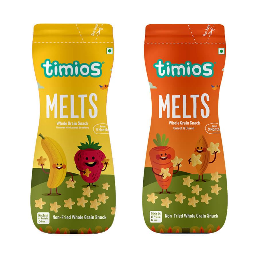 Buy Timios Melts - Carrot, Cumin & Banana, Strawberry Puff Snacks - Pack of 2 Online in India at uyyaala.com