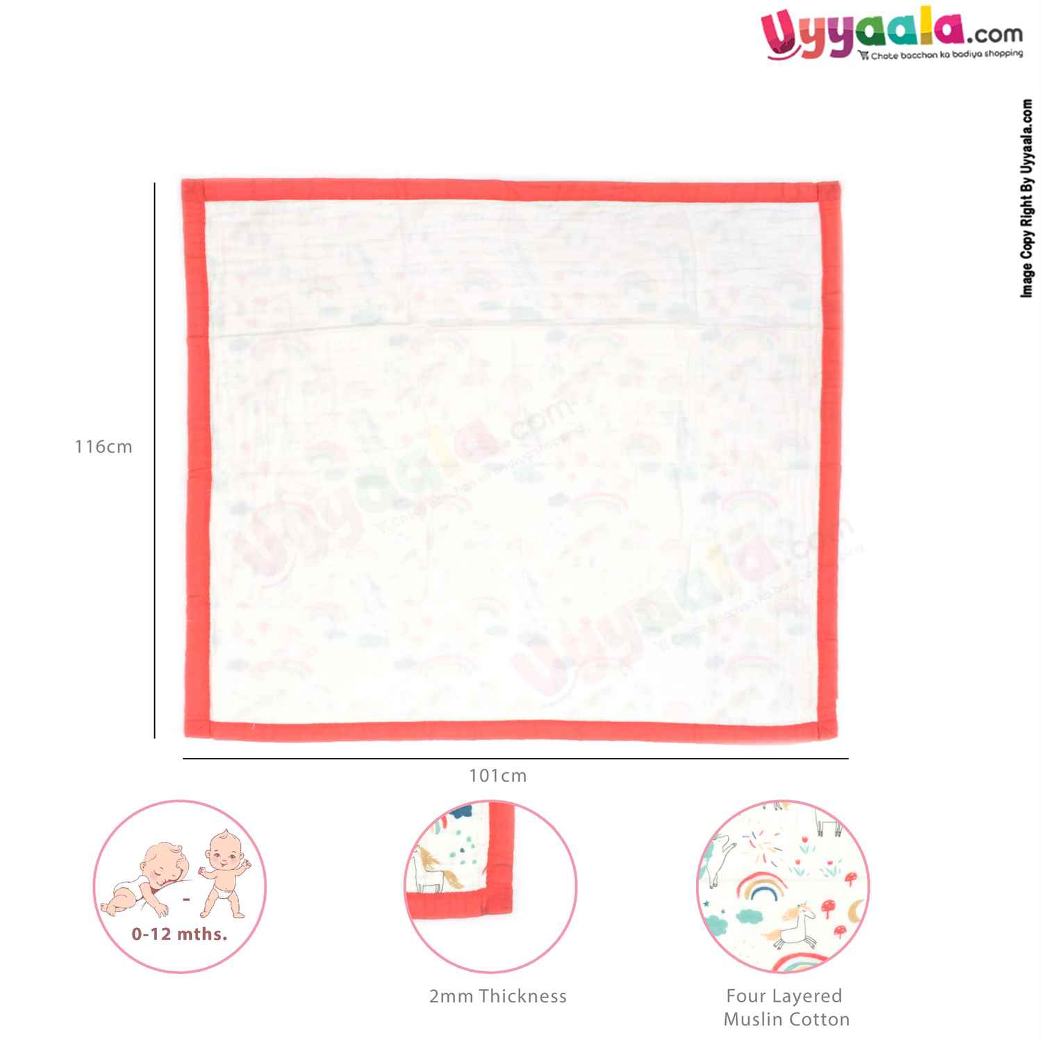 Four Layered Muslin Wrapper with Border, Unicorn Print for Babies 0+m Age, Size(116*101cm)- White