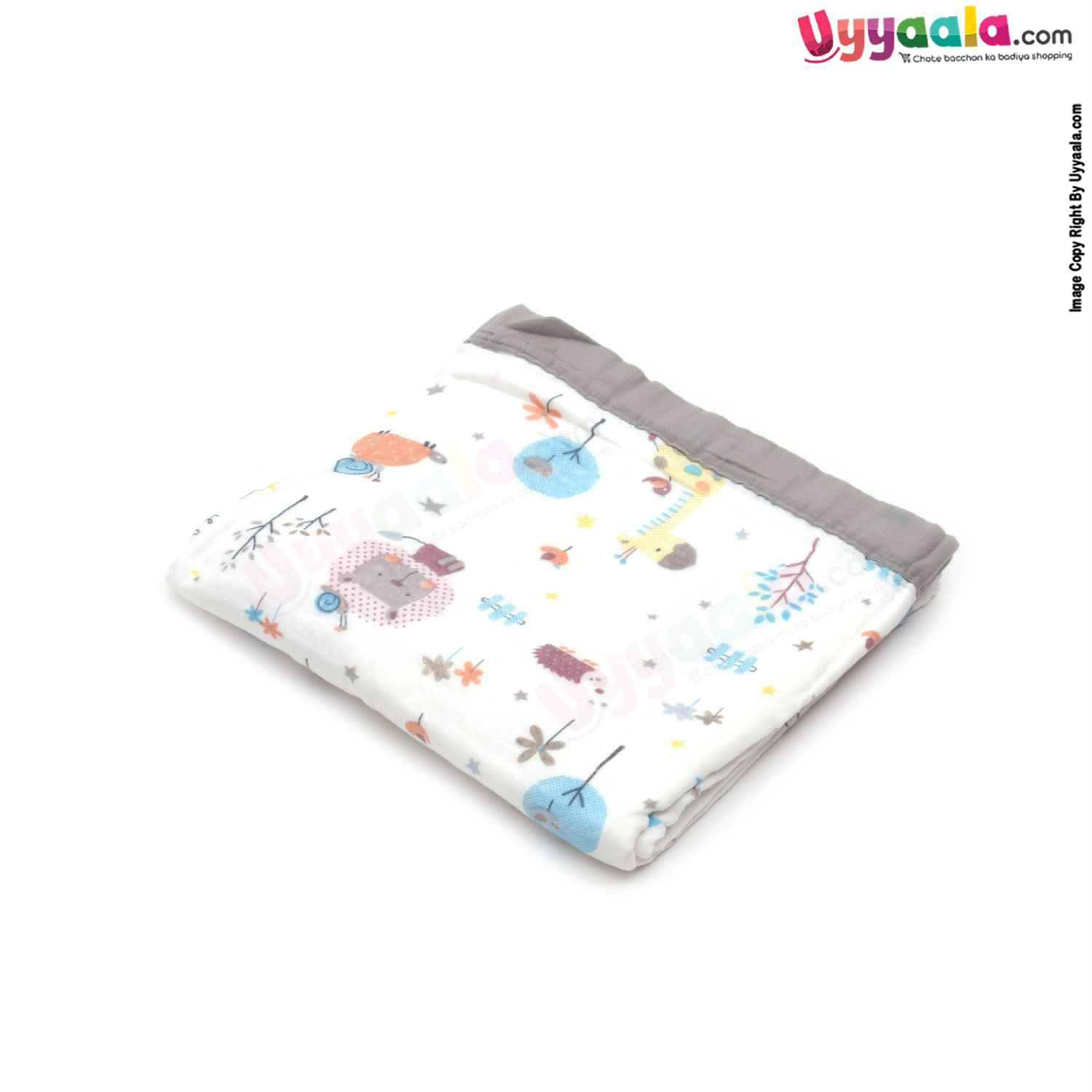 Four Layered Muslin Wrapper with Border , Giraffe & Snail Print 0+m Age, Size(116*103cm)-White