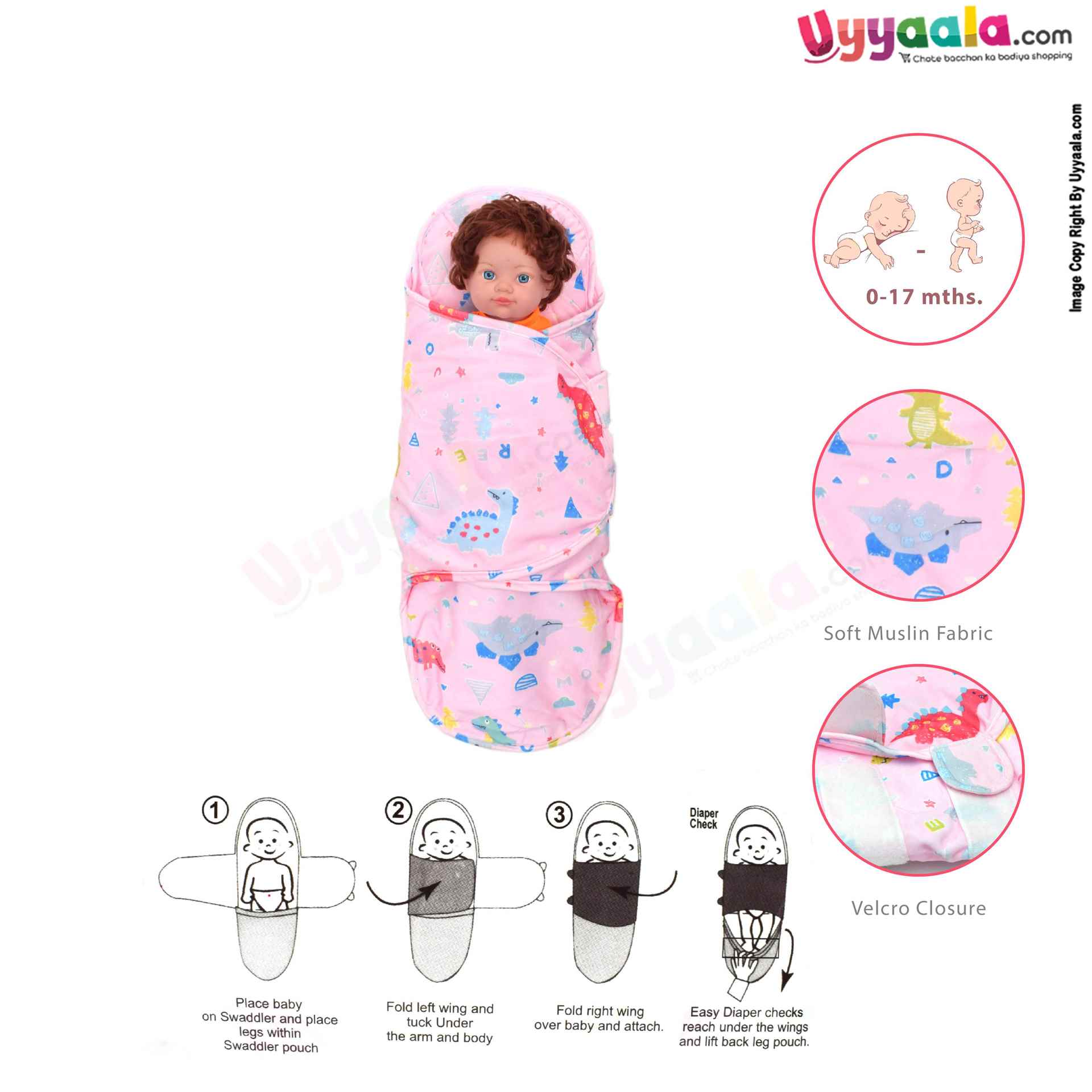 Muslin Cotton Baby Swaddle Wrapper with Neck Support and Animal Prints, 0-17m, Size(88*69cm) - Light Pinks