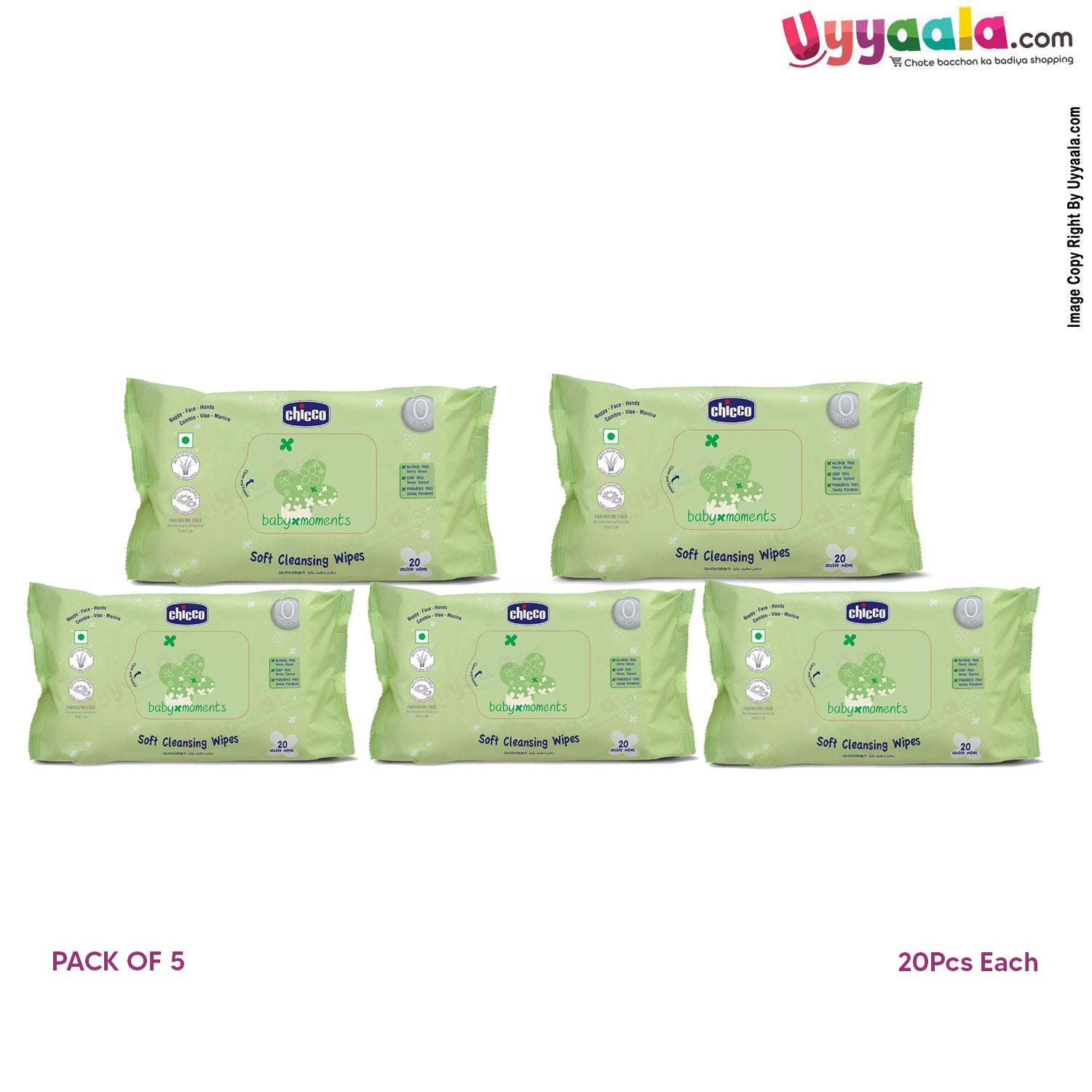 CHICCO Baby Soft Cleansing Wipes Pack of 5 (20pcs Each)