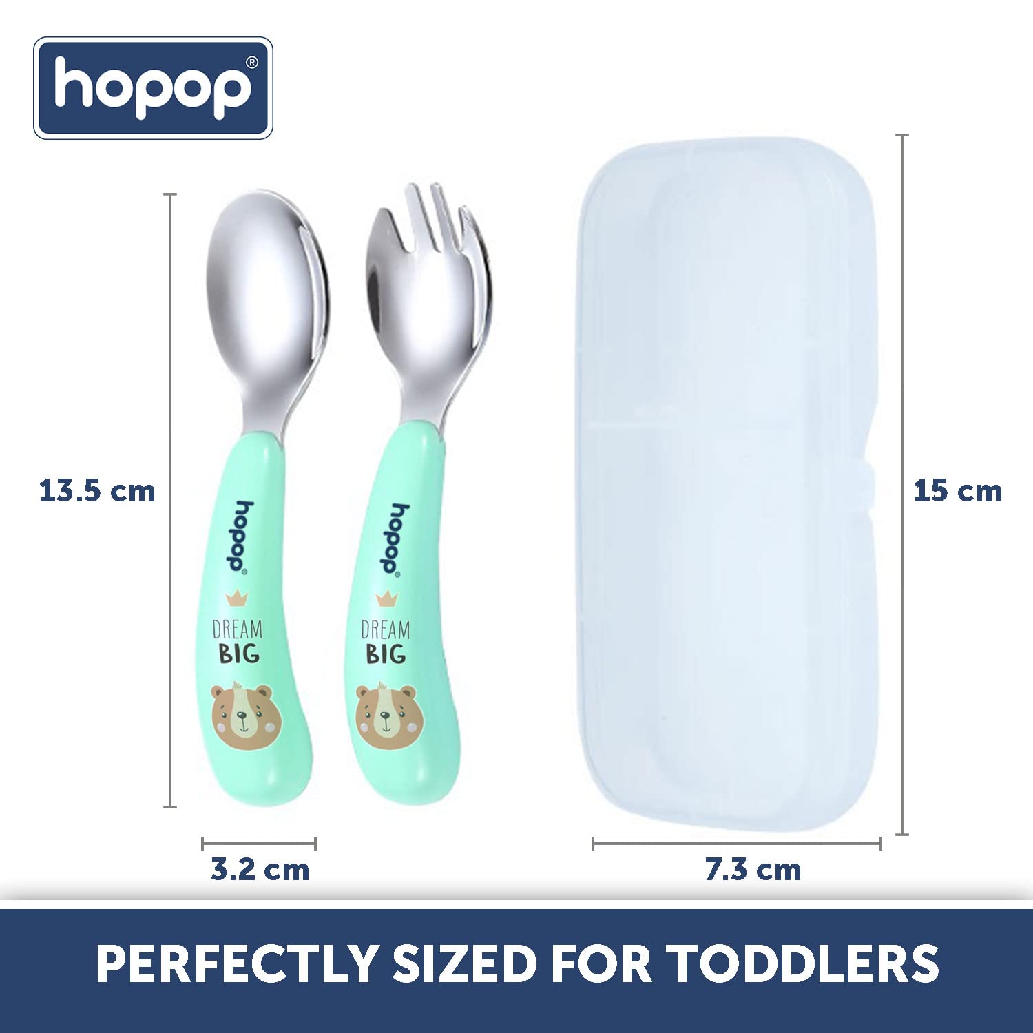 Hopop Spoon & Fork with Travel Case For Babies - Green 6m+
