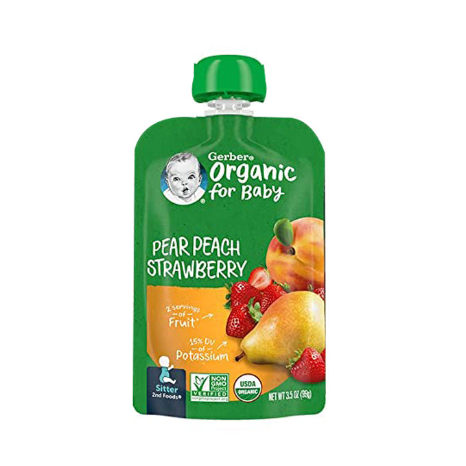 Gerber Organic Fruit Squash for Baby Pear, Peach & Strawberry Flavour, Supported Sitter - 56g