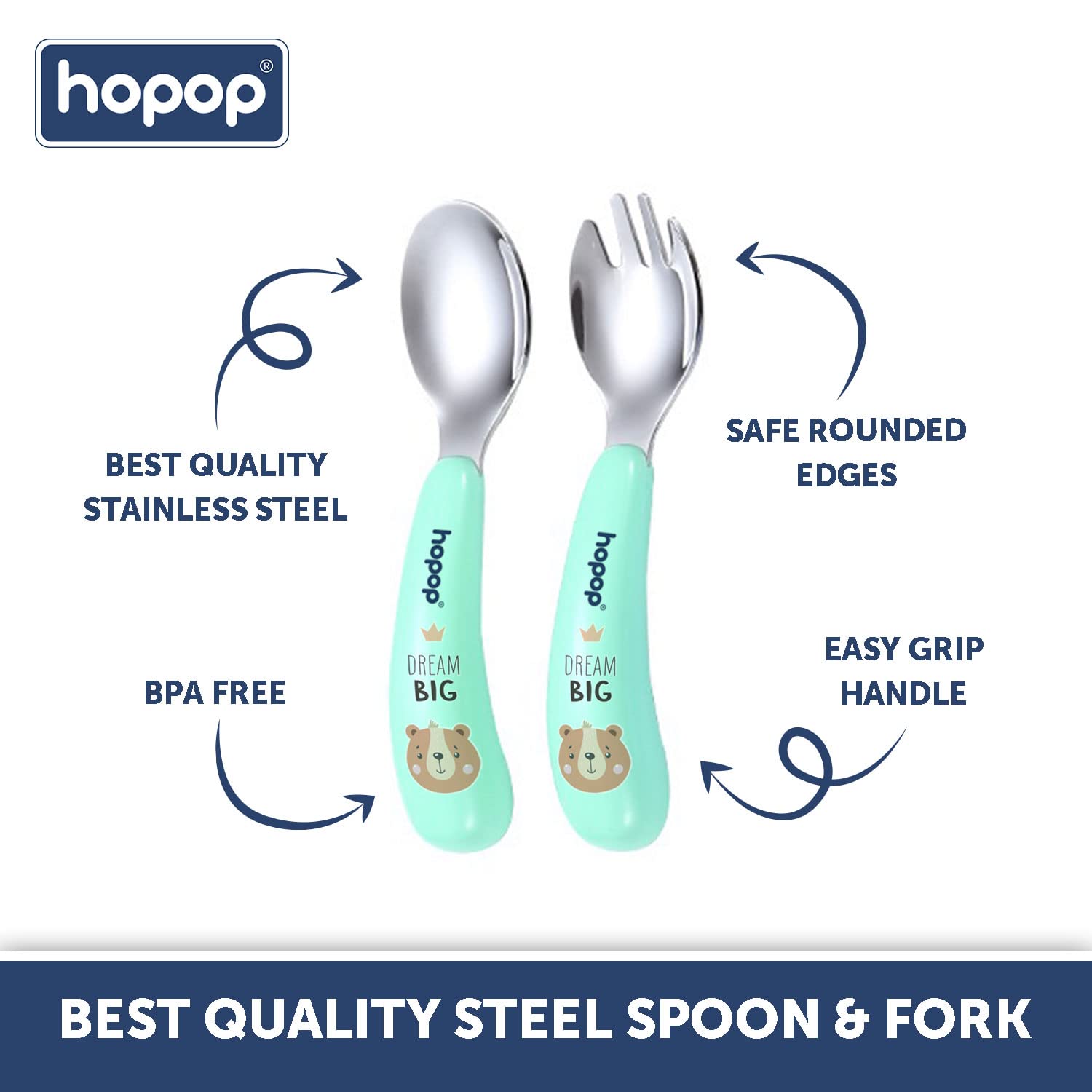 Hopop Spoon & Fork with Travel Case For Babies - Green 6m+