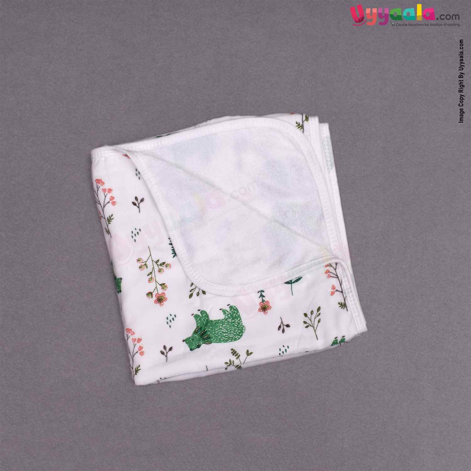 Double Layered Towel One Side Cotton &  Another Side Terry with Flowers & Bears for Babies Print 0+m Age, Size(101*51cm)-White
