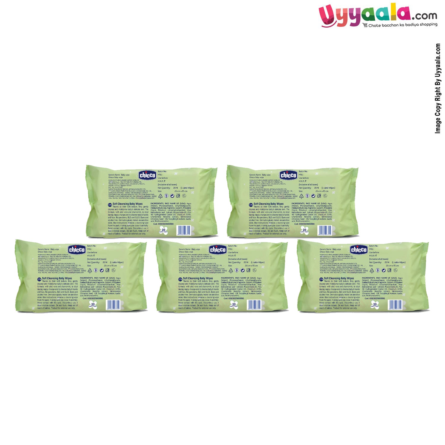 CHICCO Baby Soft Cleansing Wipes Pack of 5 (20pcs Each)