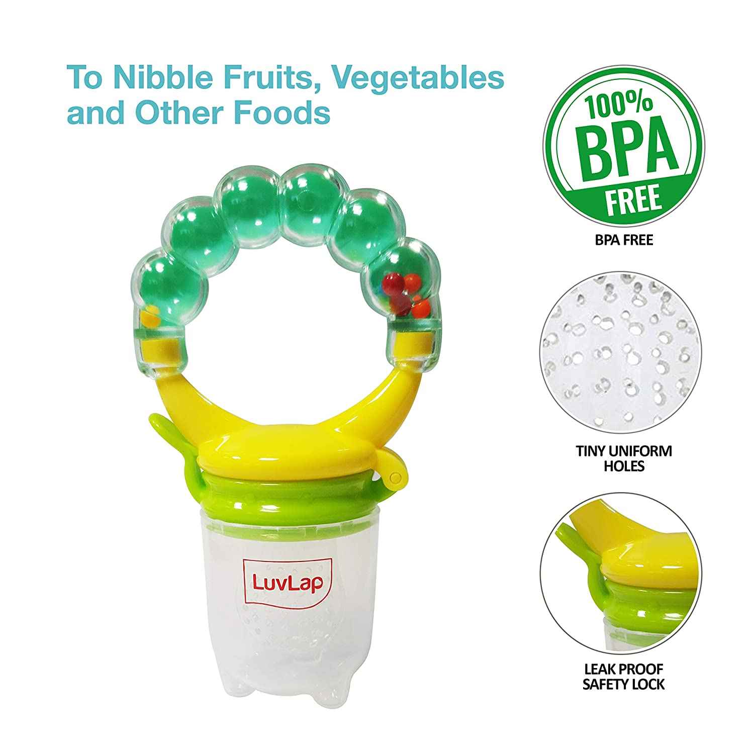 LUVLAP Food & Fruit Silicone Nibbler with rattle & Extra Silicone Mesh Sack 6+m Age - Yellow, Green