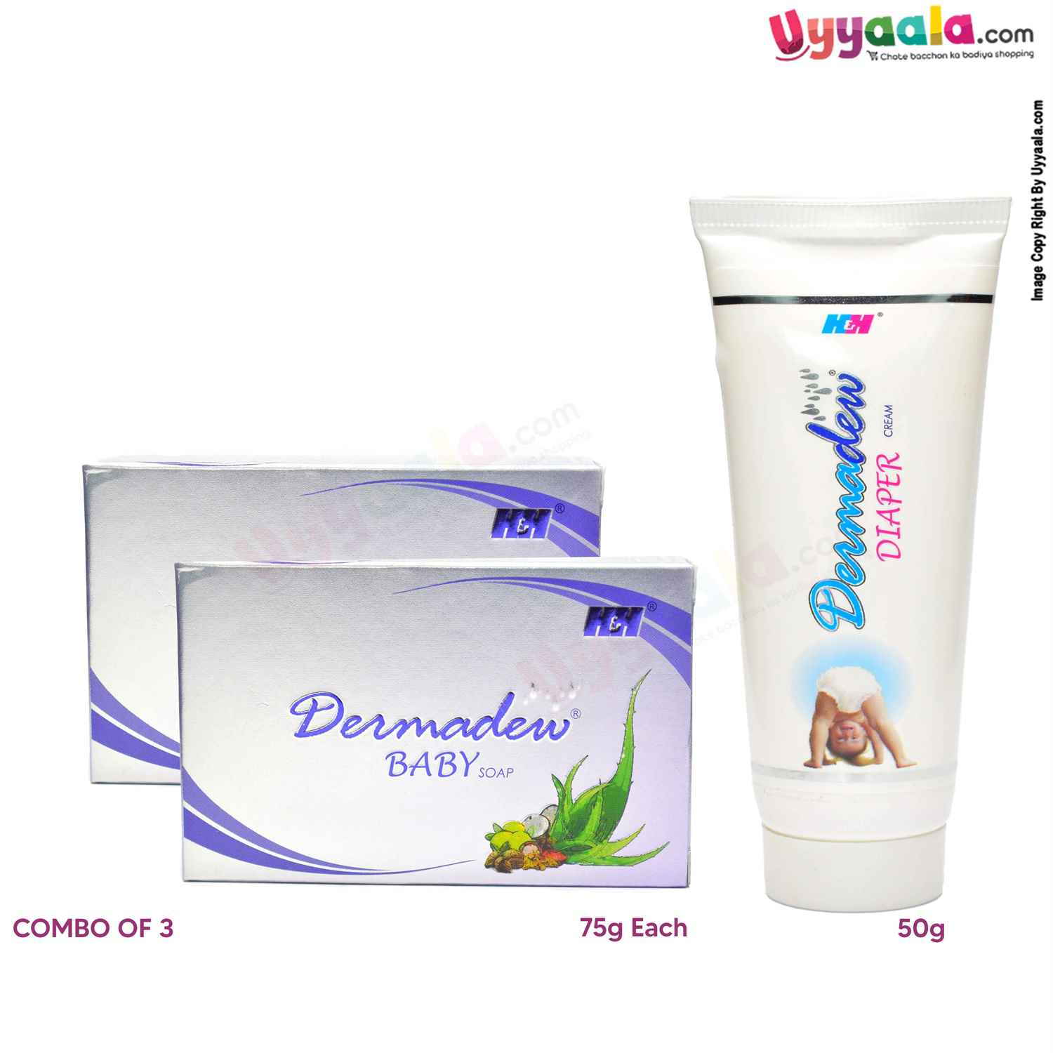 DERMADEW Soap 75g Pack of 2 & Diaper Rash Cream 50g ( Combo of 3 )