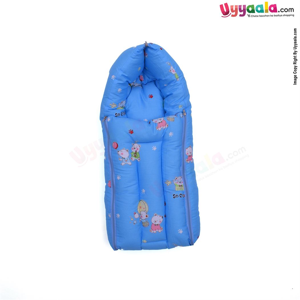 Baby Sleeping Bag Premium Cotton With Bear Print, 0-12m Age, Blue-uyyala-com.myshopify.com-Sleeping Bags-Happy Babies