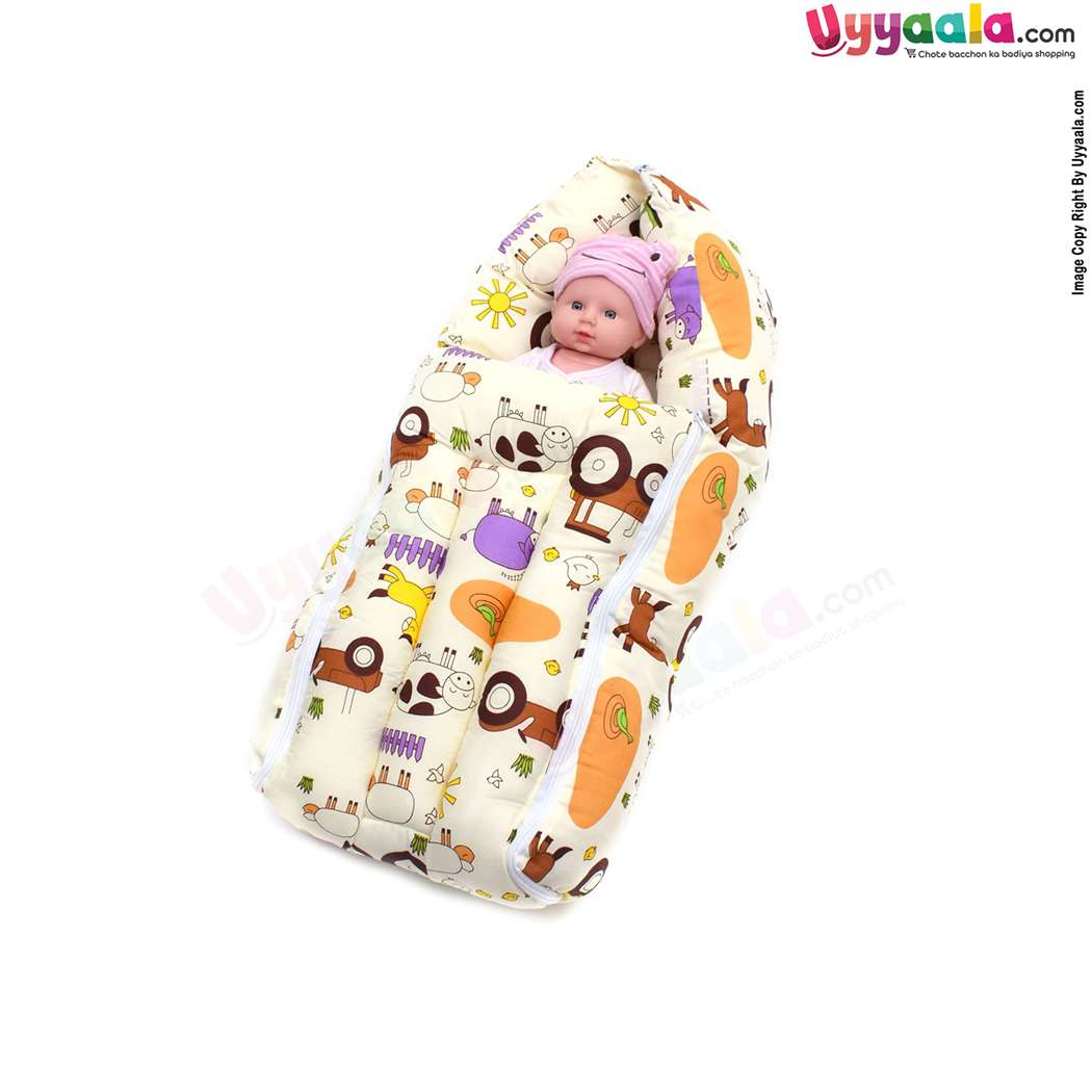Sleeping Bag(Carry Nest) Premium Cotton Cow & Car Print 0+m Age, Cream-uyyala-com.myshopify.com-Sleeping Bags-Happy Babies