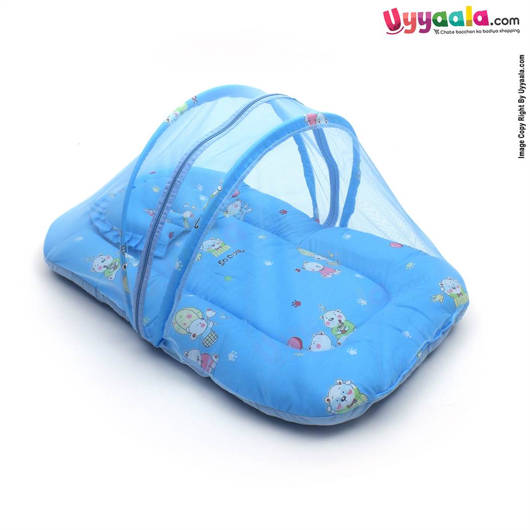 Baby Bedding Set with Mosquito Protection Net & Pillow Cotton, Bear print 0 to 12m Age, Blue-uyyala-com.myshopify.com-Bedding-Happy Babies