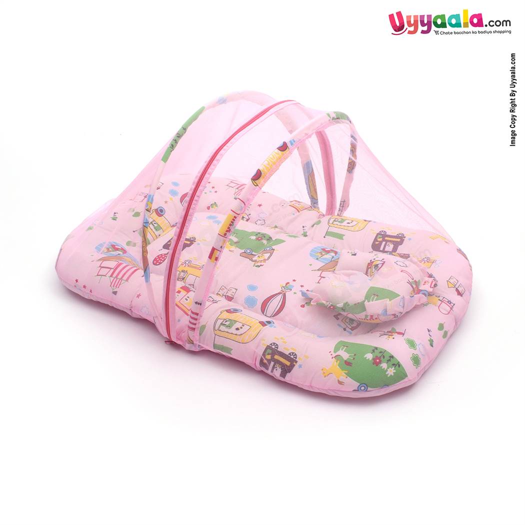 Baby Bedding Set with Mosquito Protection Net & Pillow Cotton, Car Print 0 to 12m Age, Pink-uyyala-com.myshopify.com-Bedding-Happy Babies