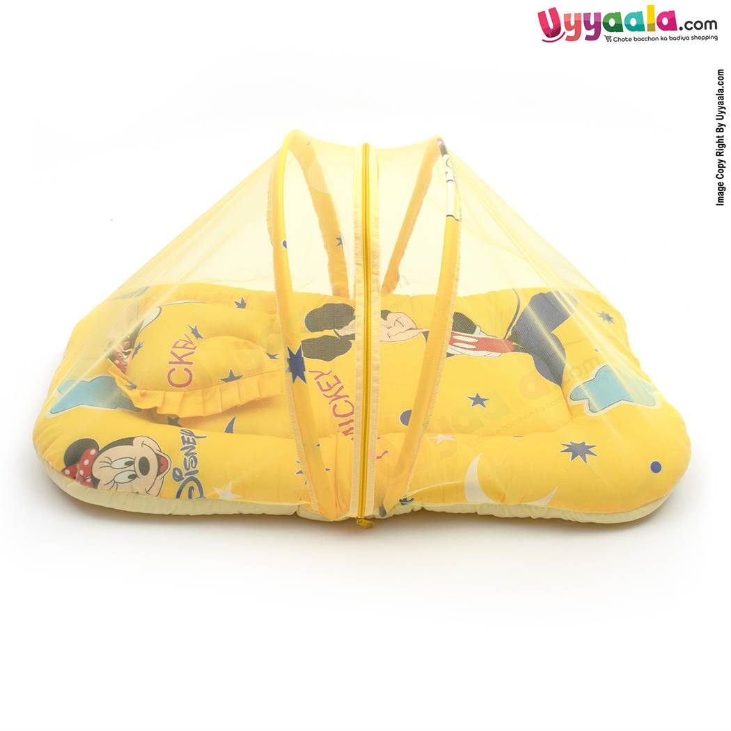 Baby Bedding Set with Mosquito Protection Net & Pillow Cotton, Mickey Mouse Print  0 to 12m age, Yellow
