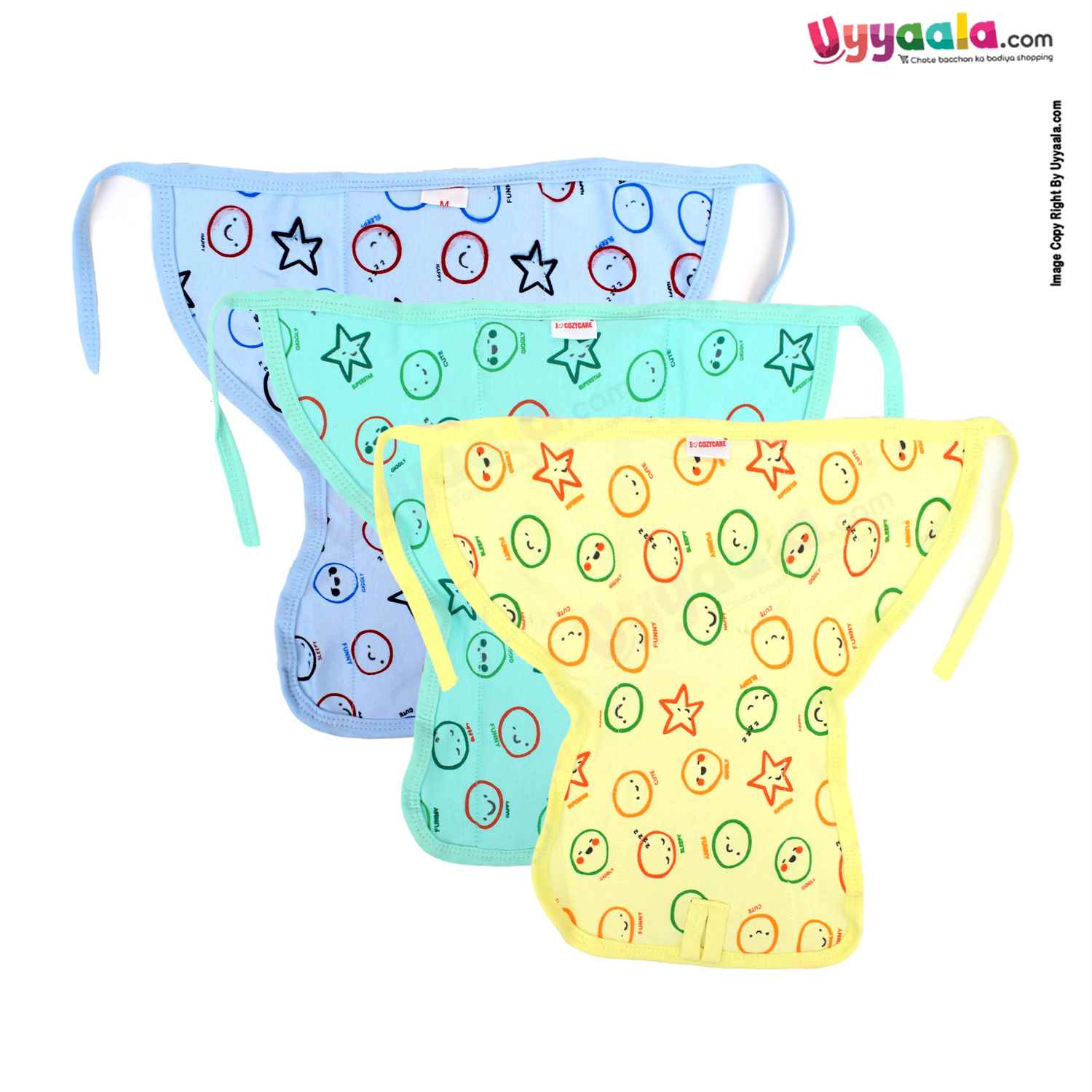 COZYCARE Washable Diapers Hosiery Tying Mode Emoji Print Blue, Green & Yellow 3P Set (M)