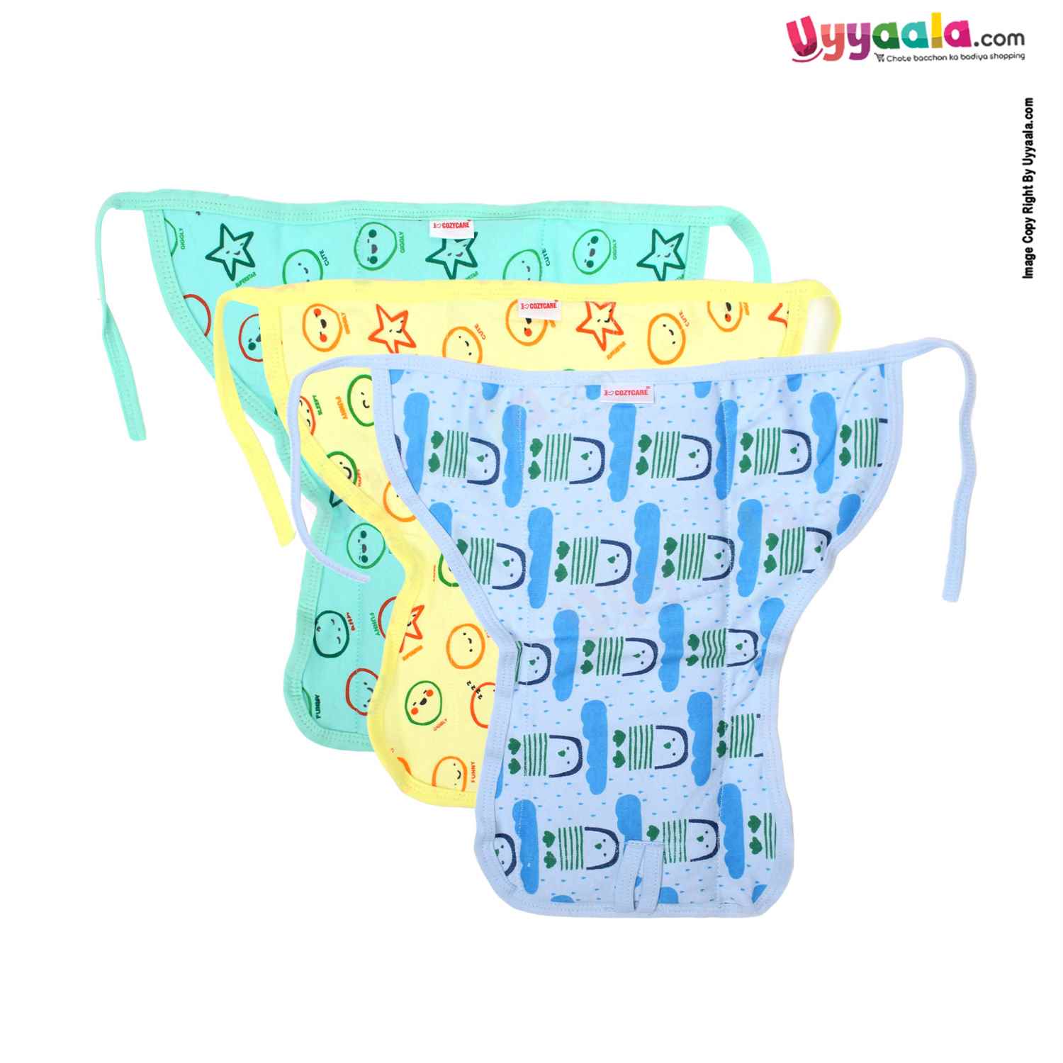 COZYCARE Washable Diapers Hosiery Tying Model Emoji Print Green, Yellow & Penguin Print Blue 3P Set (S)
