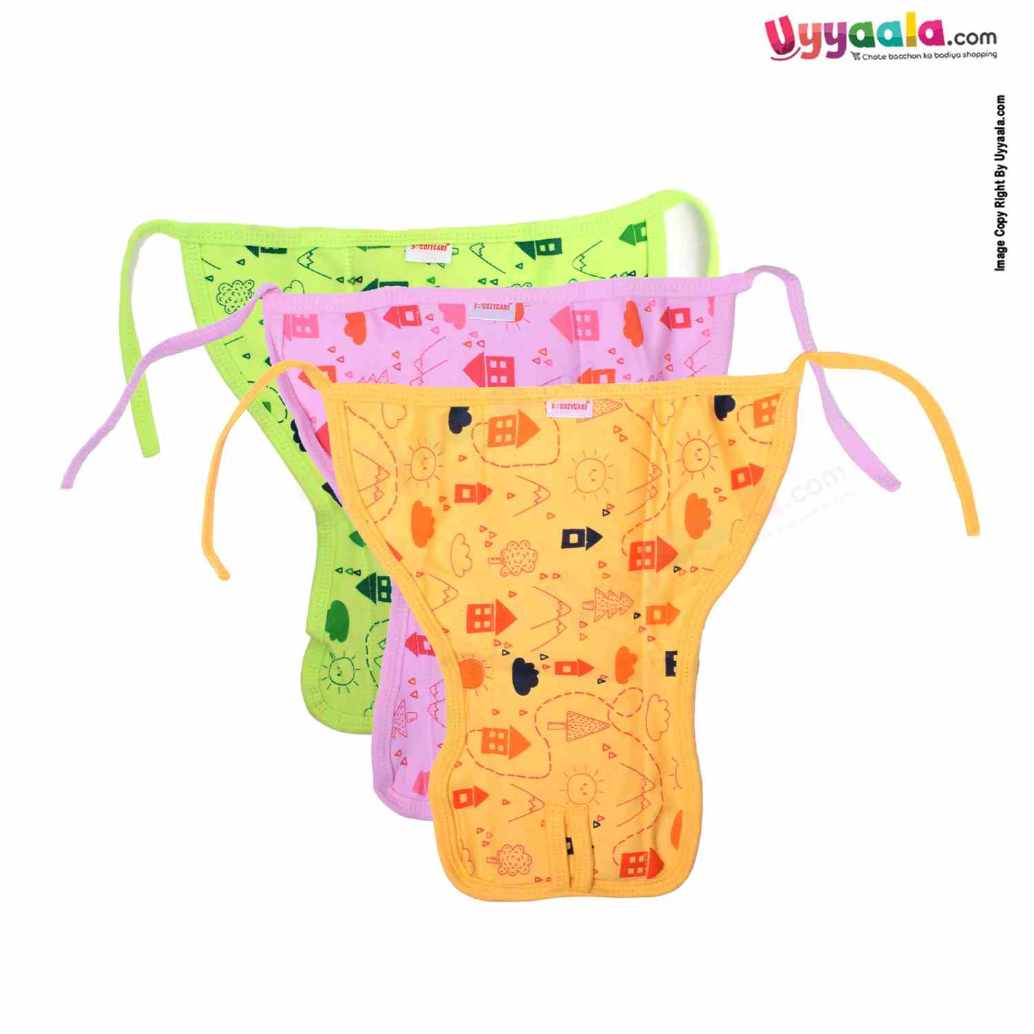 COZYCARE Washable Diapers Hosiery Tying Model House Print Green, Pink & Yellow 3P Set (XS)