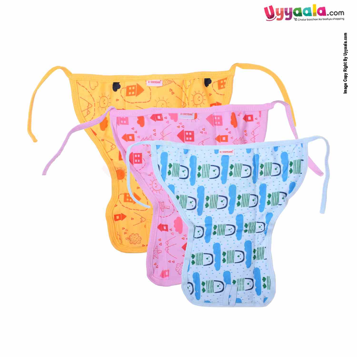 COZYCARE Washable Diapers Hosiery Tying Model House Print Yellow, Pink & Penguin Print Blue 3P Set (XS)