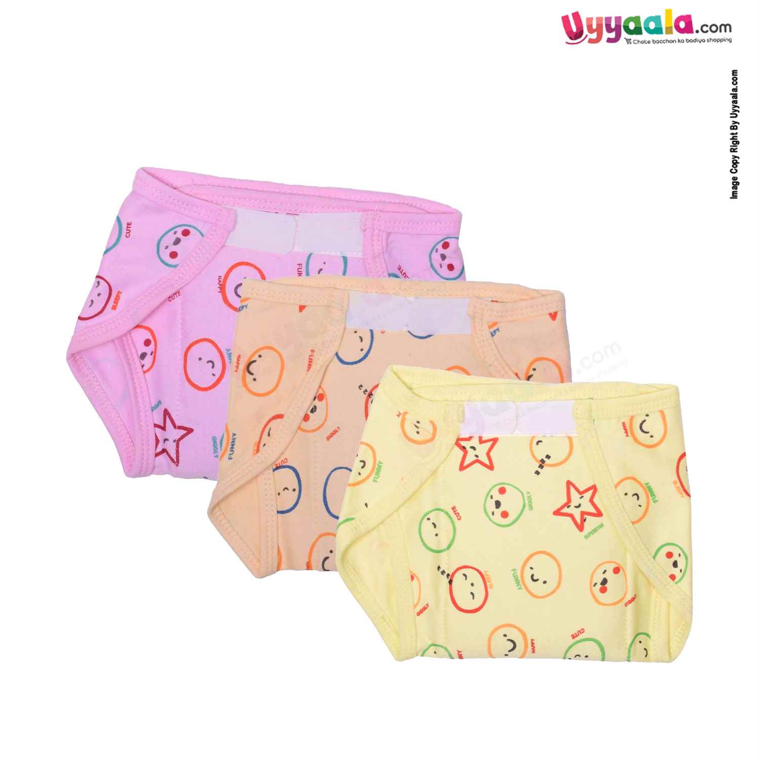 COZYCARE Washable Diapers Hosiery Velcro Emoji Print Pink, Orange & Yellow 3P Set (M)