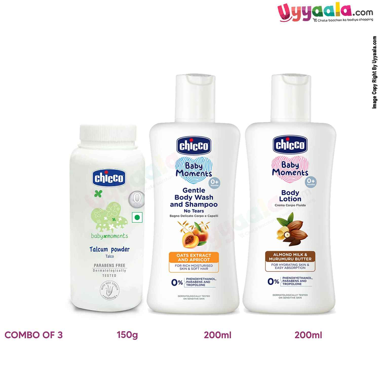 CHICCO Baby moments combo pack(Talcum powder - 150g, Body wash & shampoo - 200ml, Body lotion - 200ml)