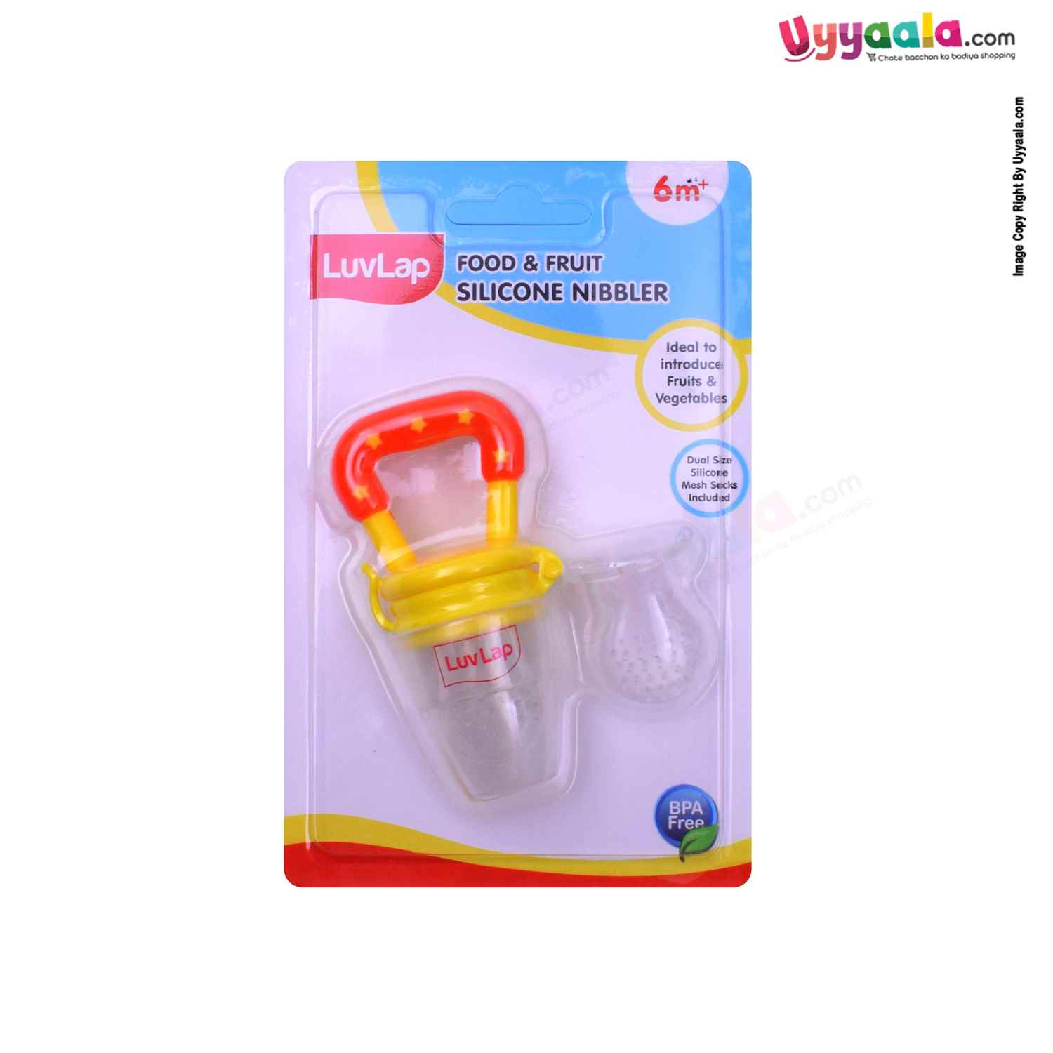 LUVLAP Food & Fruit Silicone Nibbler with Extra Silicone Mesh Sack 6+m Age - Red, Yellow