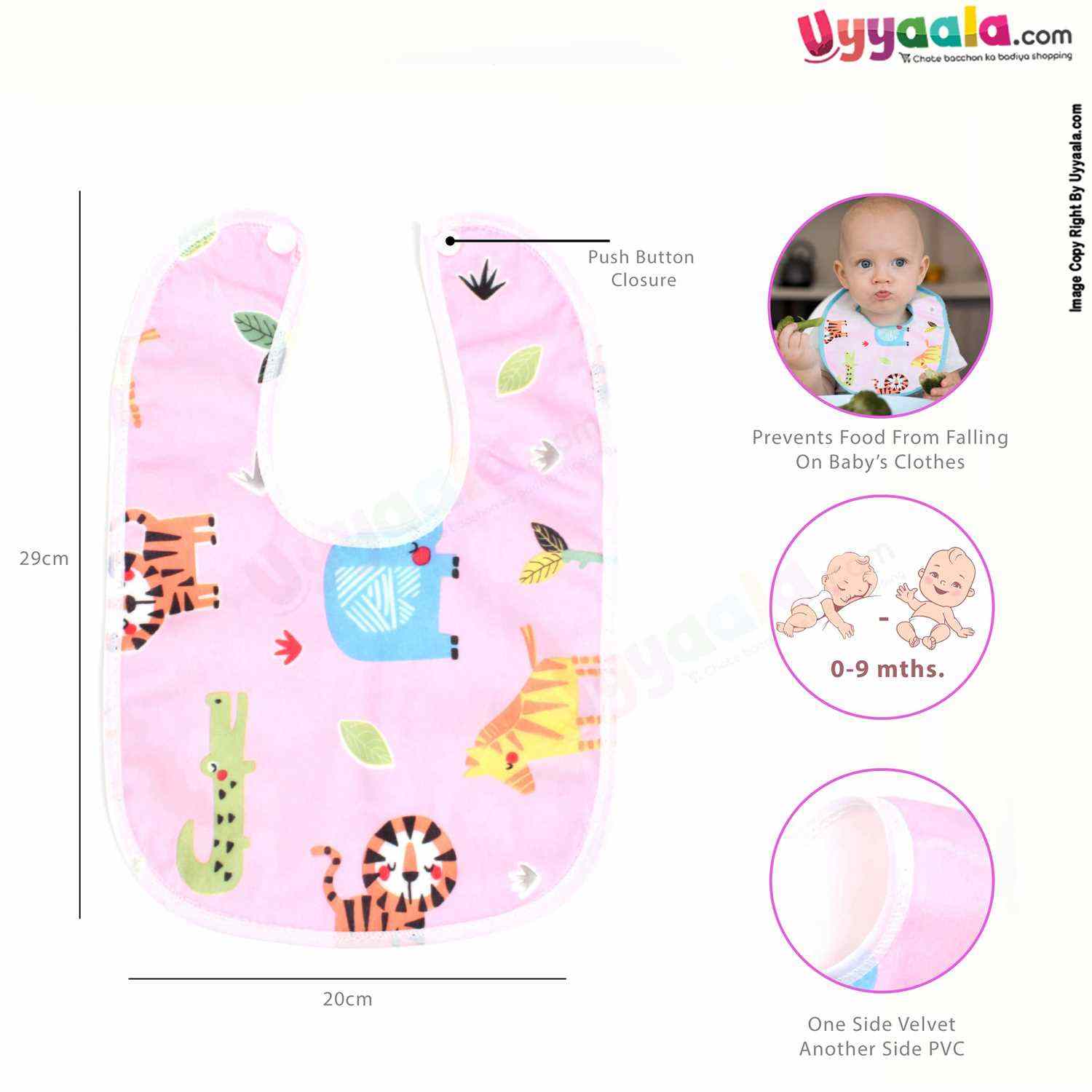 Baby Bib One Side Velvet & Another Side PVC with Animals Print for Newborn Pack of 3,Size(28.5*19.5cm)- Multi color
