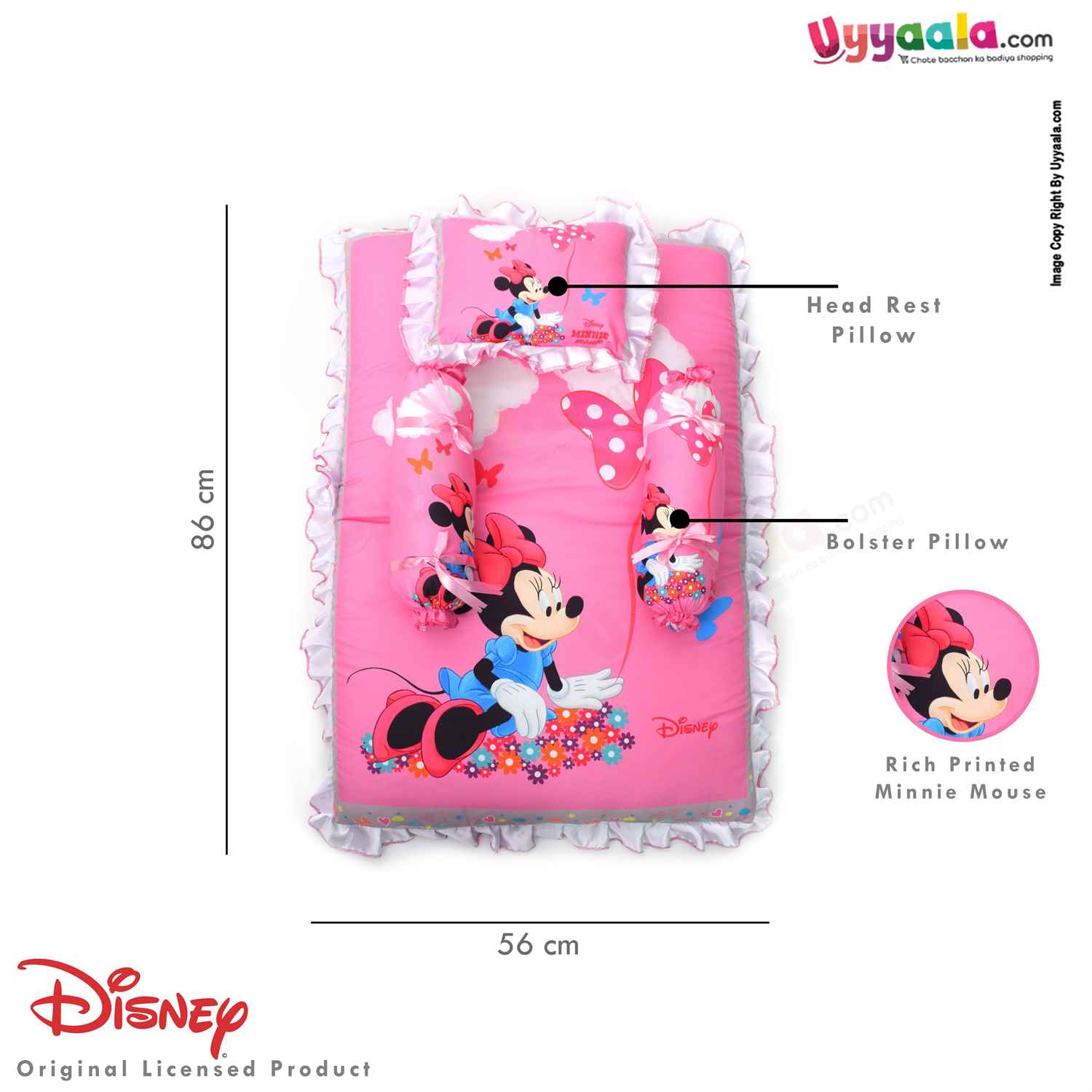 DISNEY Baby Cotton Bedding Set With 2 Bolsters & Pillow - Minnie Mouse Print, Pink, 0+m