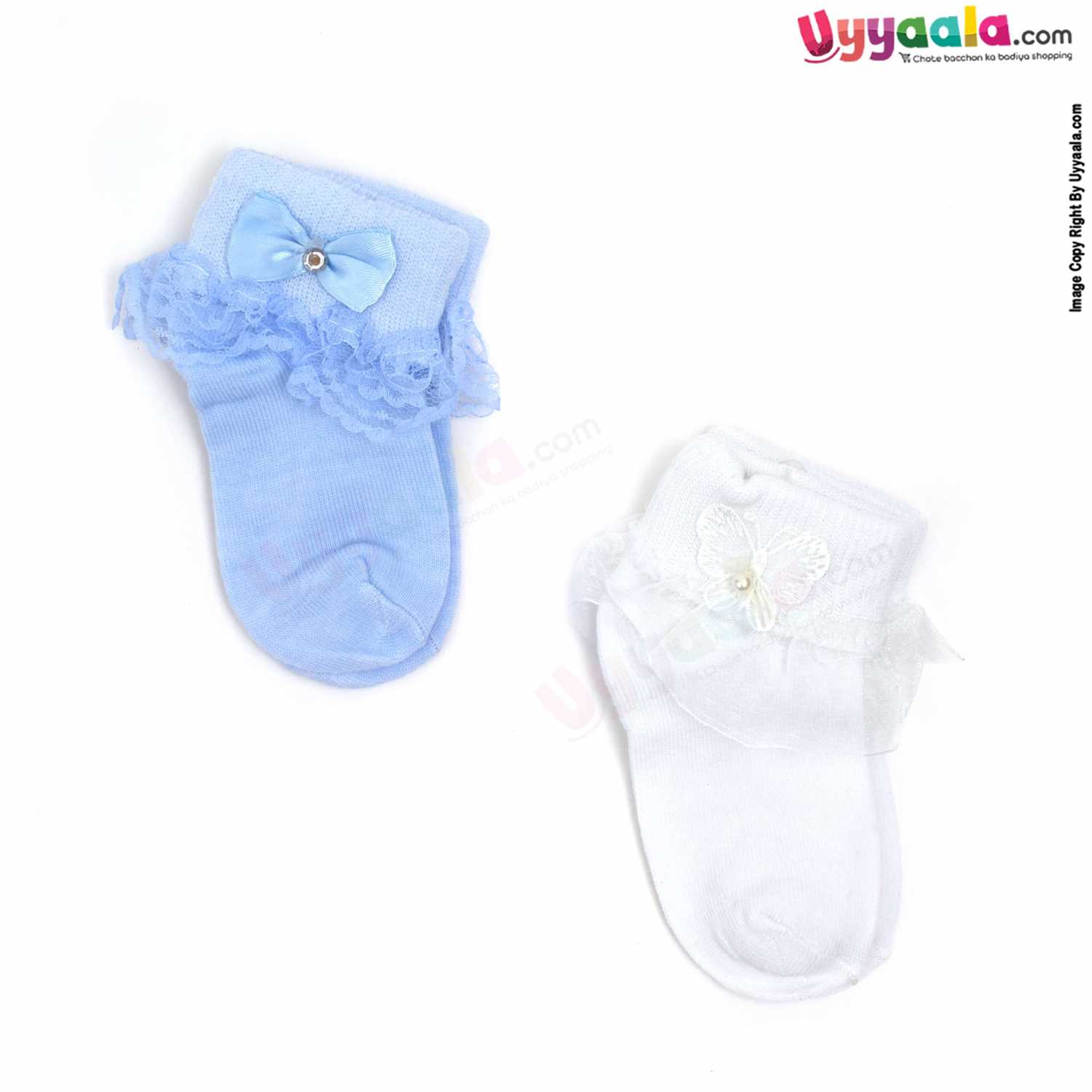 Hosiery Cotton Socks for Baby Girl Pack of 2, 6-18m Age - White & Blue
