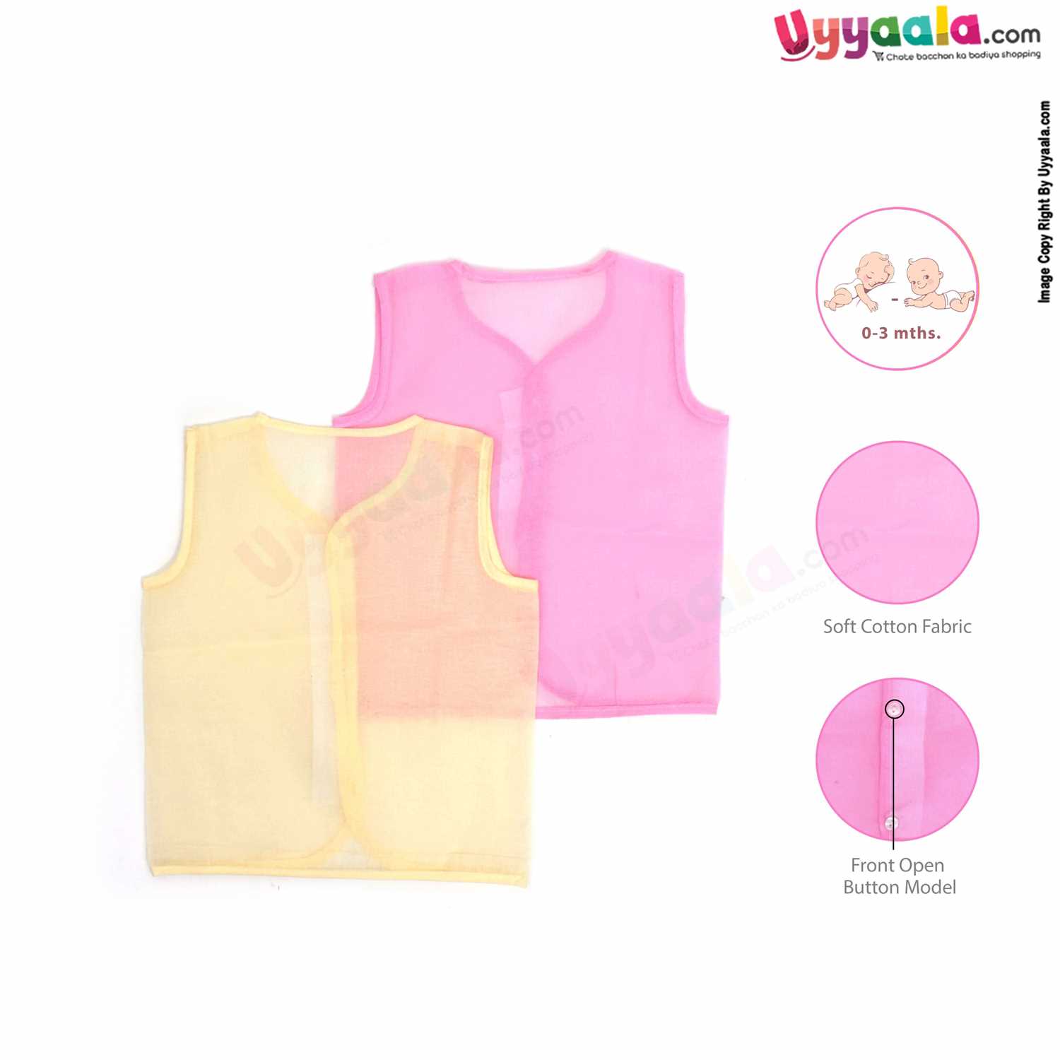 SNUG UP Sleeveless Baby Jabla Set, Front Opening Button Model, Premium Quality Cotton Baby Wear, (0-3M), 2Pack - Pink & Yellow