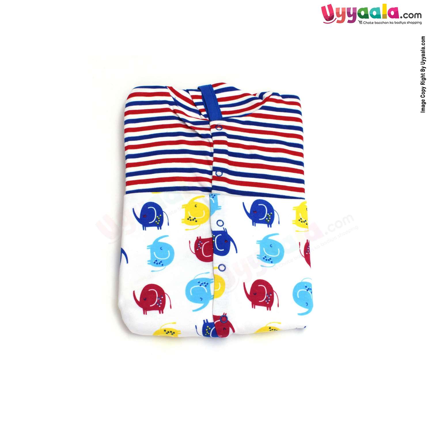 MAGIC TOWN Hooded Sleep Suits Hosiery Blue, Red & White Stripes & Elephant Print White 2P Pack, 3-6m Age