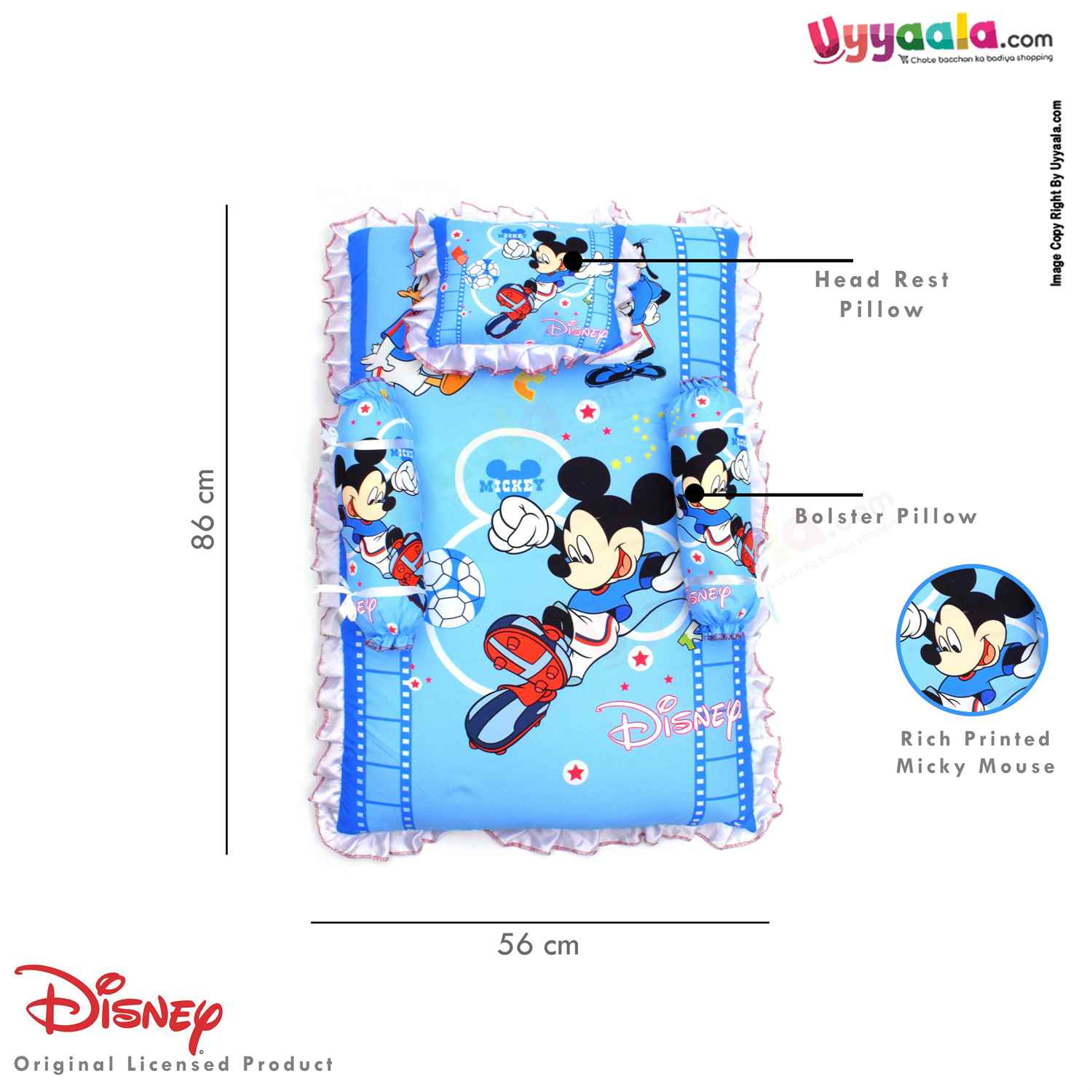 DISNEY Baby Bedding Set of 4 with Bolster and Pillow Cotton, Mickey & Duck Print 0+m Age, Blue