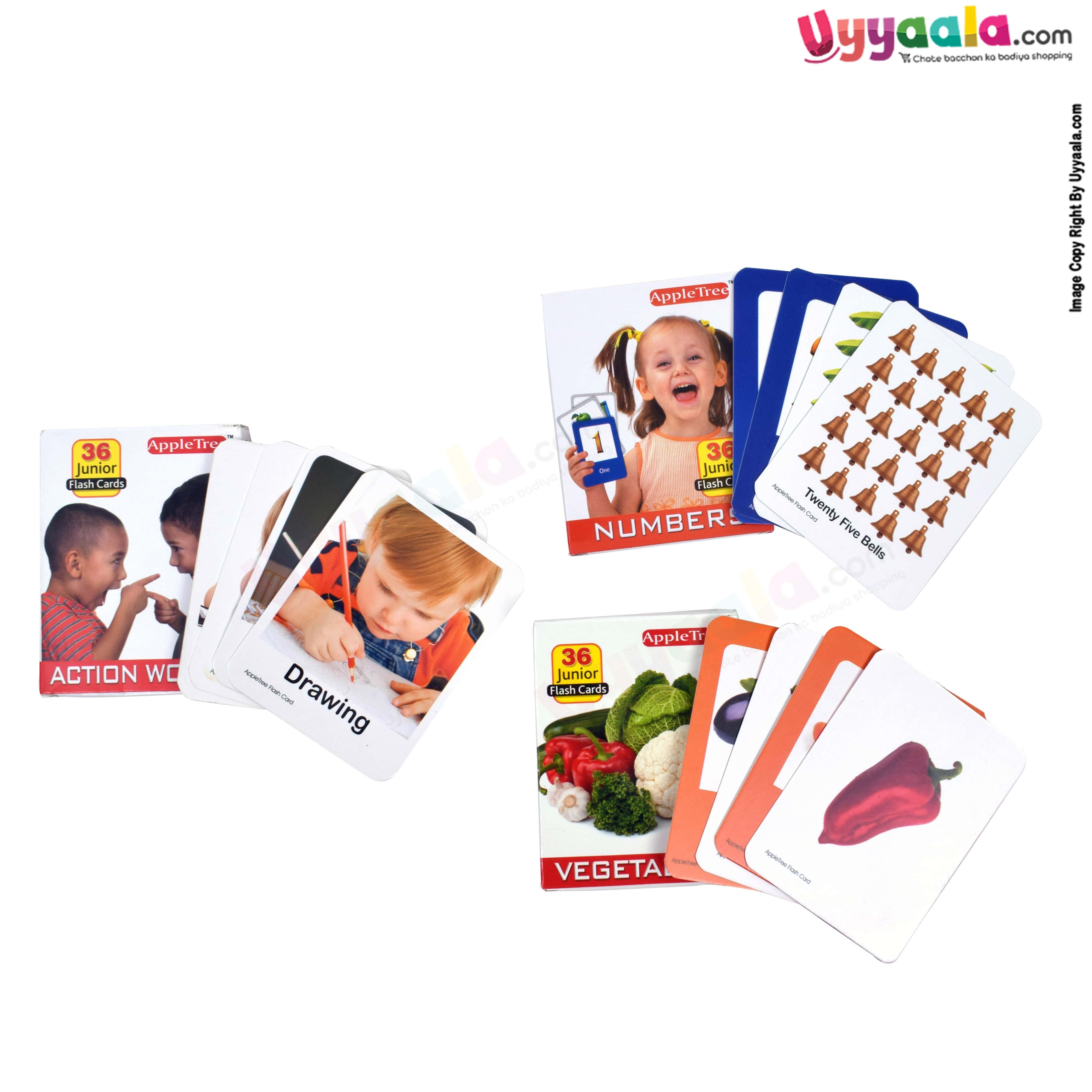 APPLE TREE Junior Flash Cards Pack of 3 - vegetables, alphabets & numbers