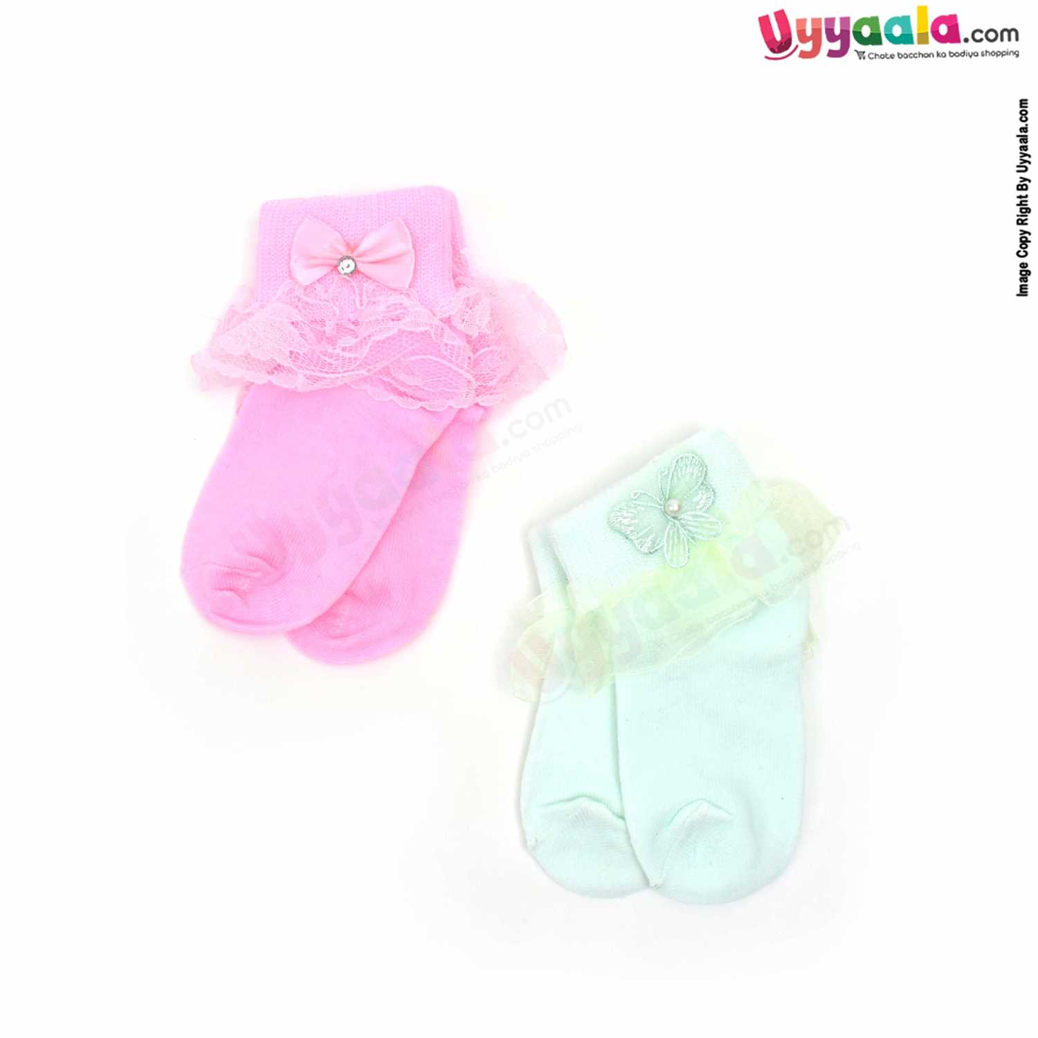Hosiery Cotton Socks for Baby Girl Pack of 2, 6-18m Age - Pink & Light Green
