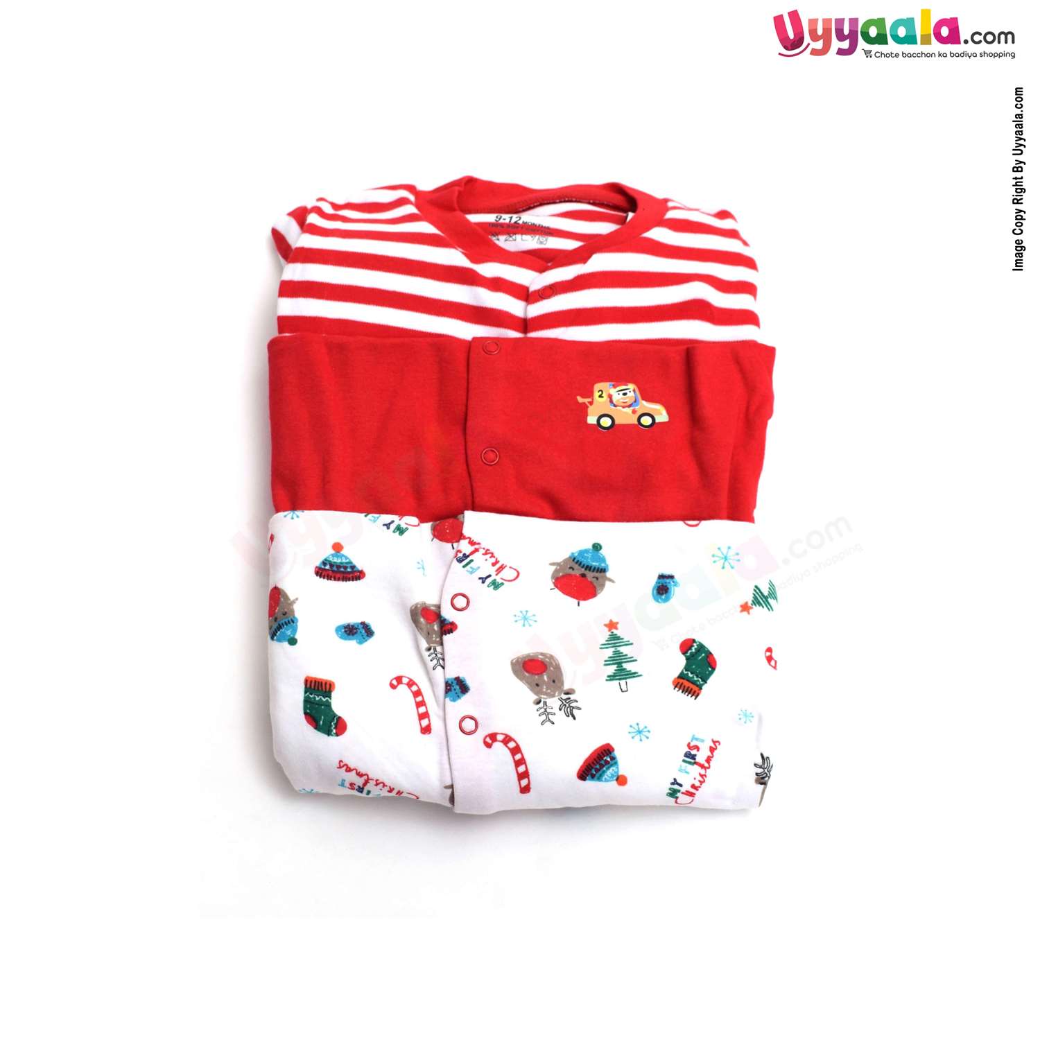 PRECIOUS ONE Sleep Suits soft Hosiery Cotton - Stripes Print Red & White, Plain Red and Christmas Printed White 3P Pack (9-12M)