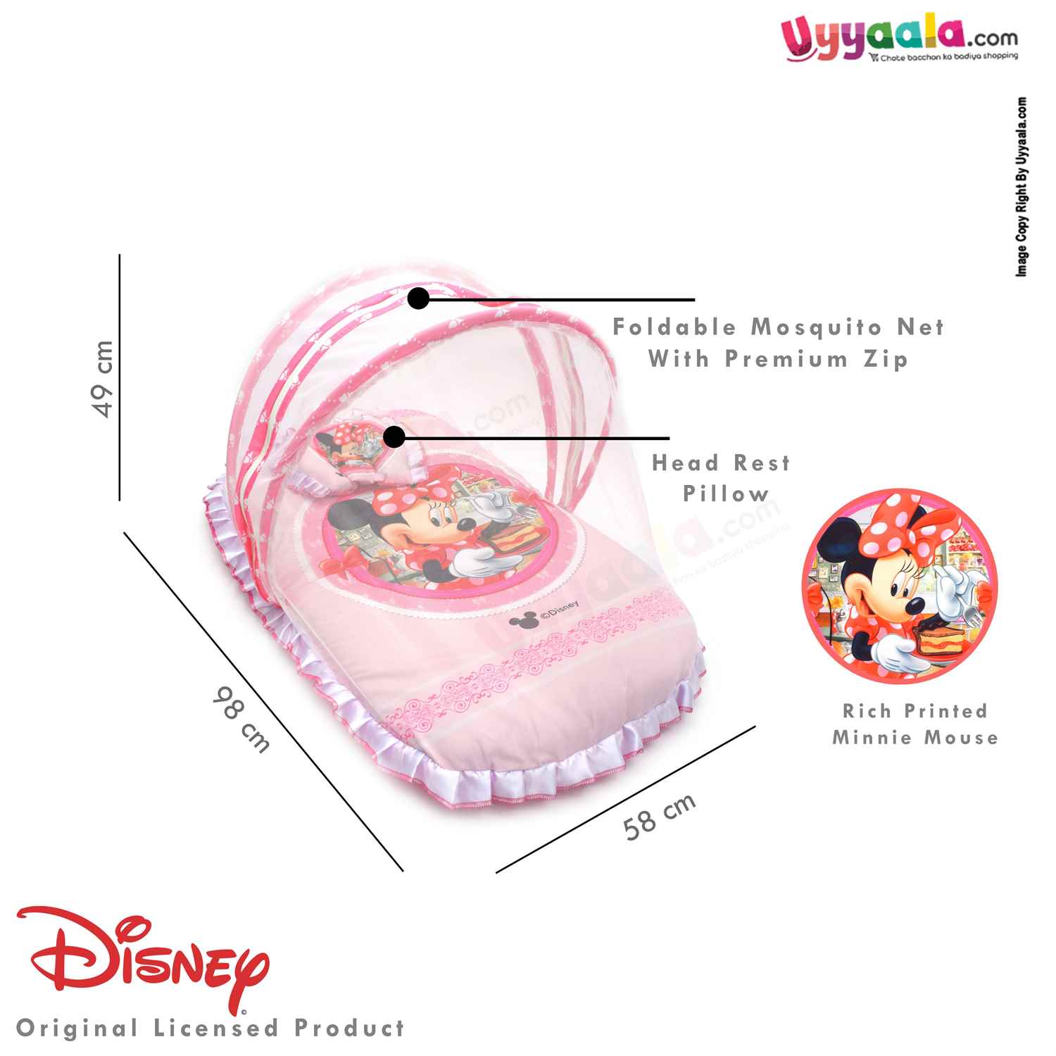 DISNEY Baby Bedding Set with Protection Net & Pillow Cotton, Minnie Mouse Print 0+m Age - Pink