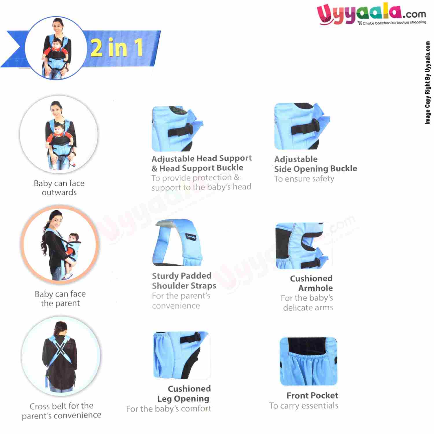 LuvLap Baby Carrier with 2 in 1 Carry Positions, for 6 to 24m Baby, Max Weight Up to 12 Kgs, Size(40*23cm)- Black & Blue