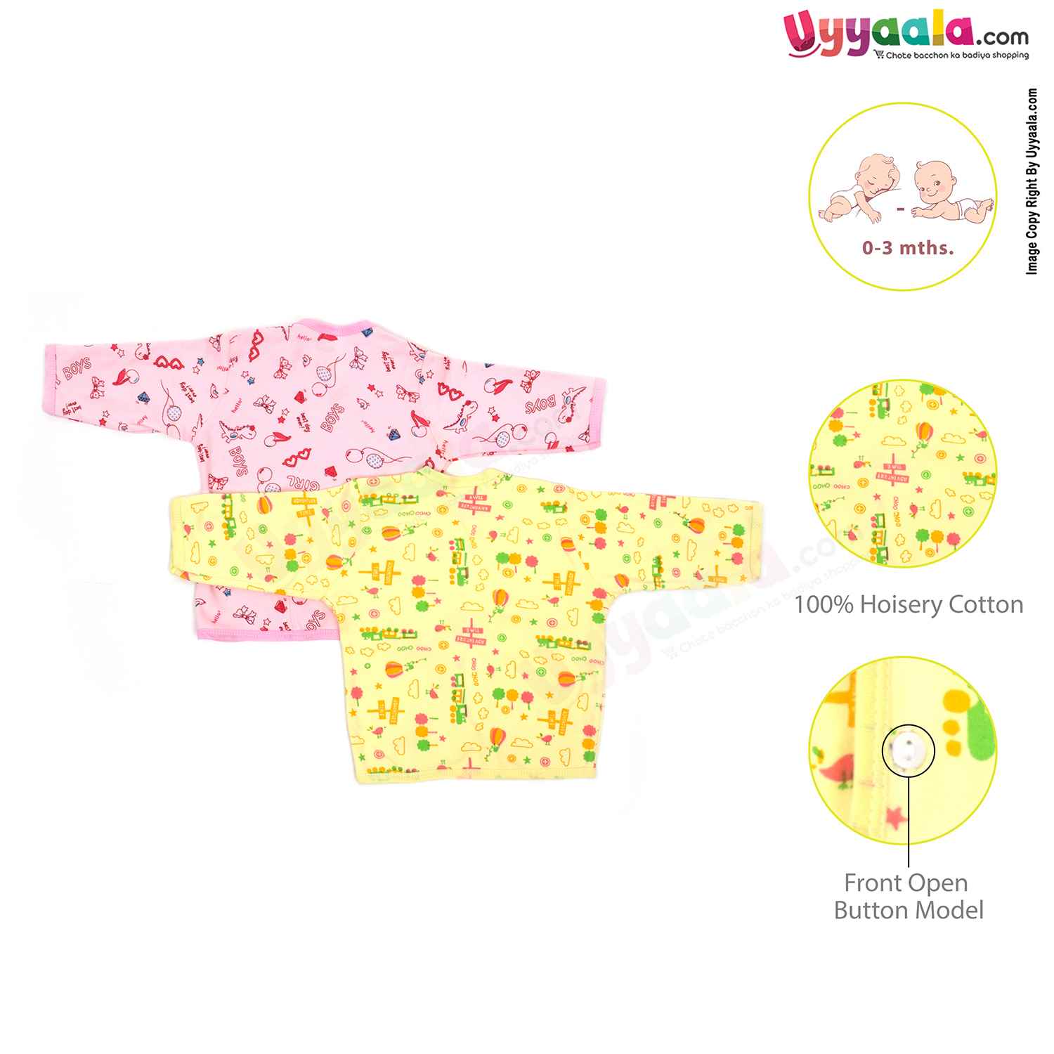 Mothers Choice  jablas front open full sleeve 100% hosiery cotton pack of 2 (0-3M) - pink & yellow with assorted cartoon print