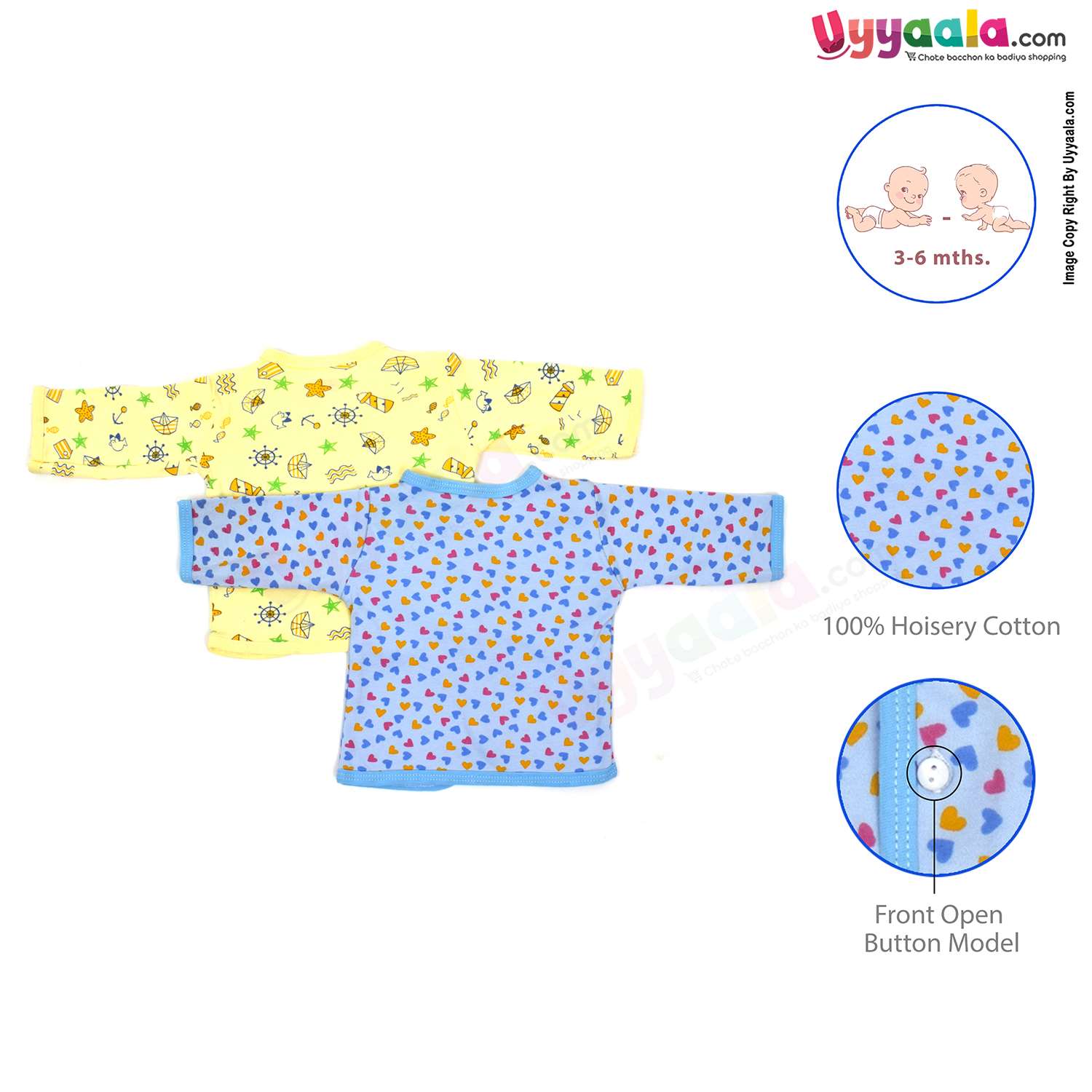Mothers choice full sleeves front open jablas, 100% hosiery cotton, Pack of 2 (3-6M) - yellow & blue with assorted print
