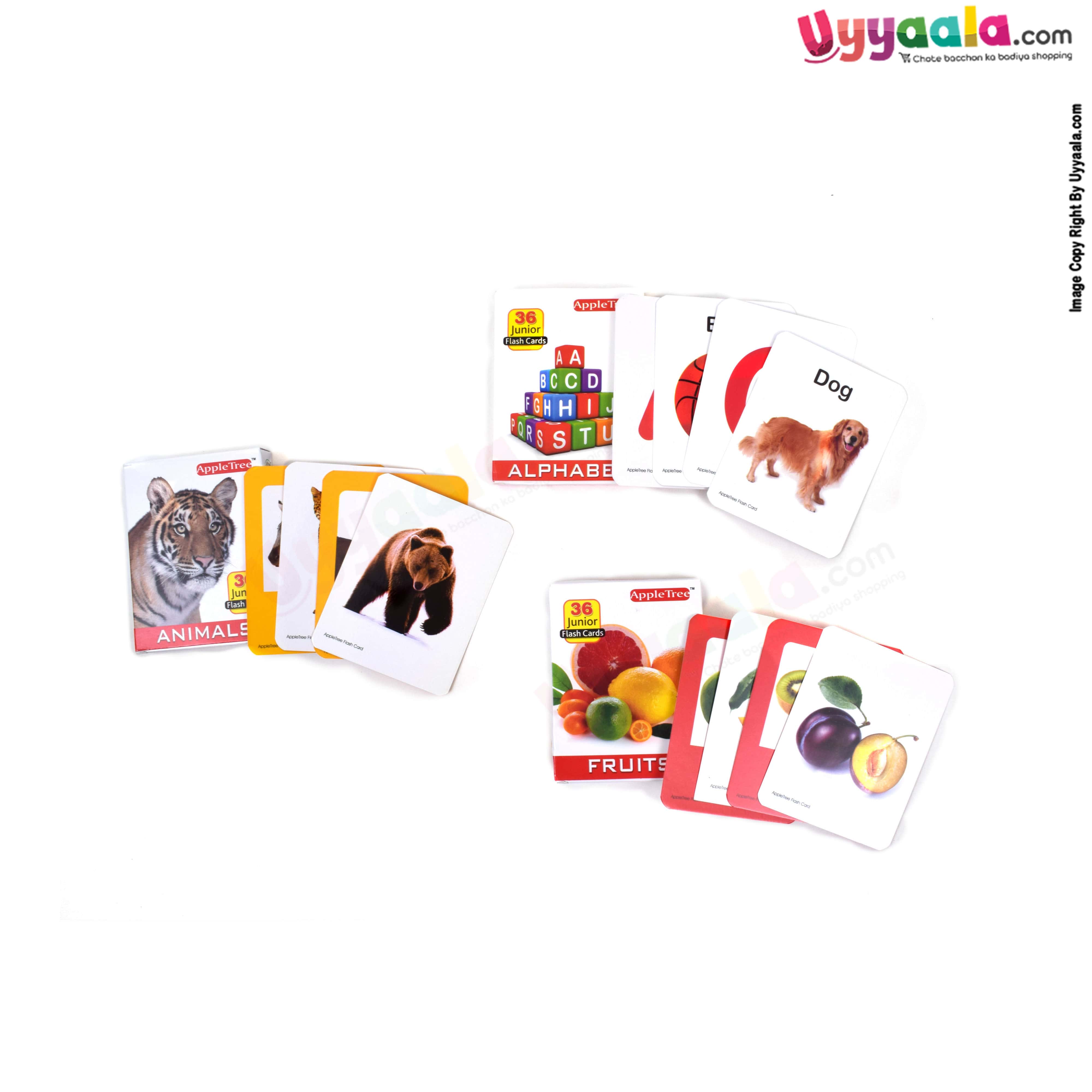 APPLE TREE Junior Flash Cards Pack of 3 - fruits, alphabets & animals