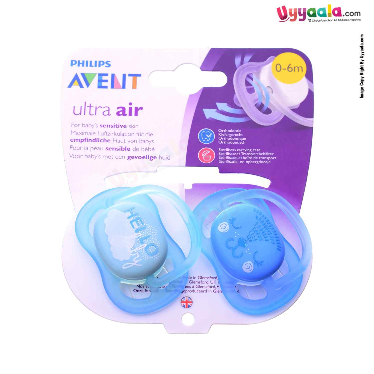 PHILIPS AVENT Extra Air Flow Soother for Babies Twin Pack 0-6m Age, Blue & Hello Baby Print Green