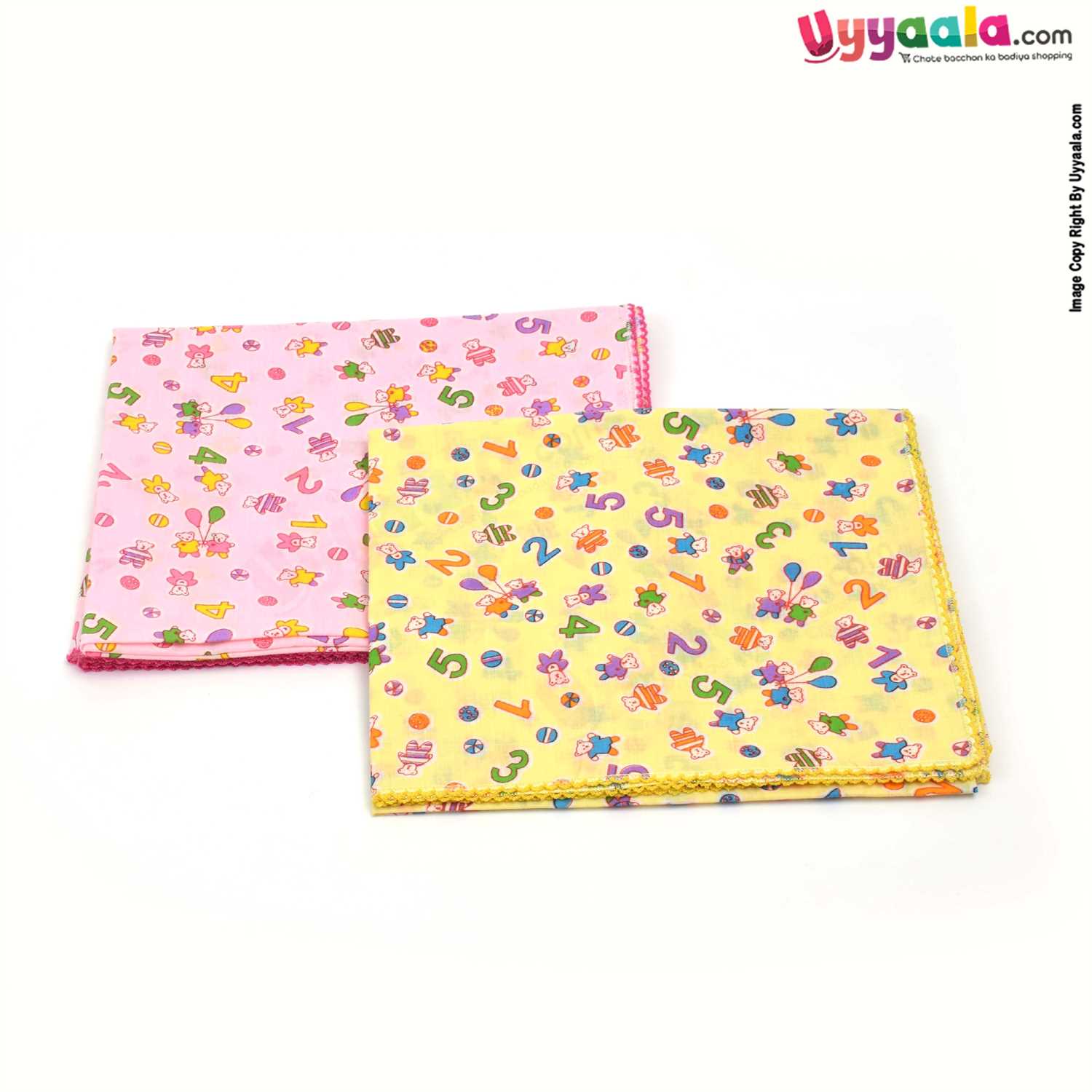 SNUG UP Babies Cotton Wrapper with Teddy Bear & Numbers Print Pack of 2 0+m Age, Size (109*99cm)-Yellow & Pink