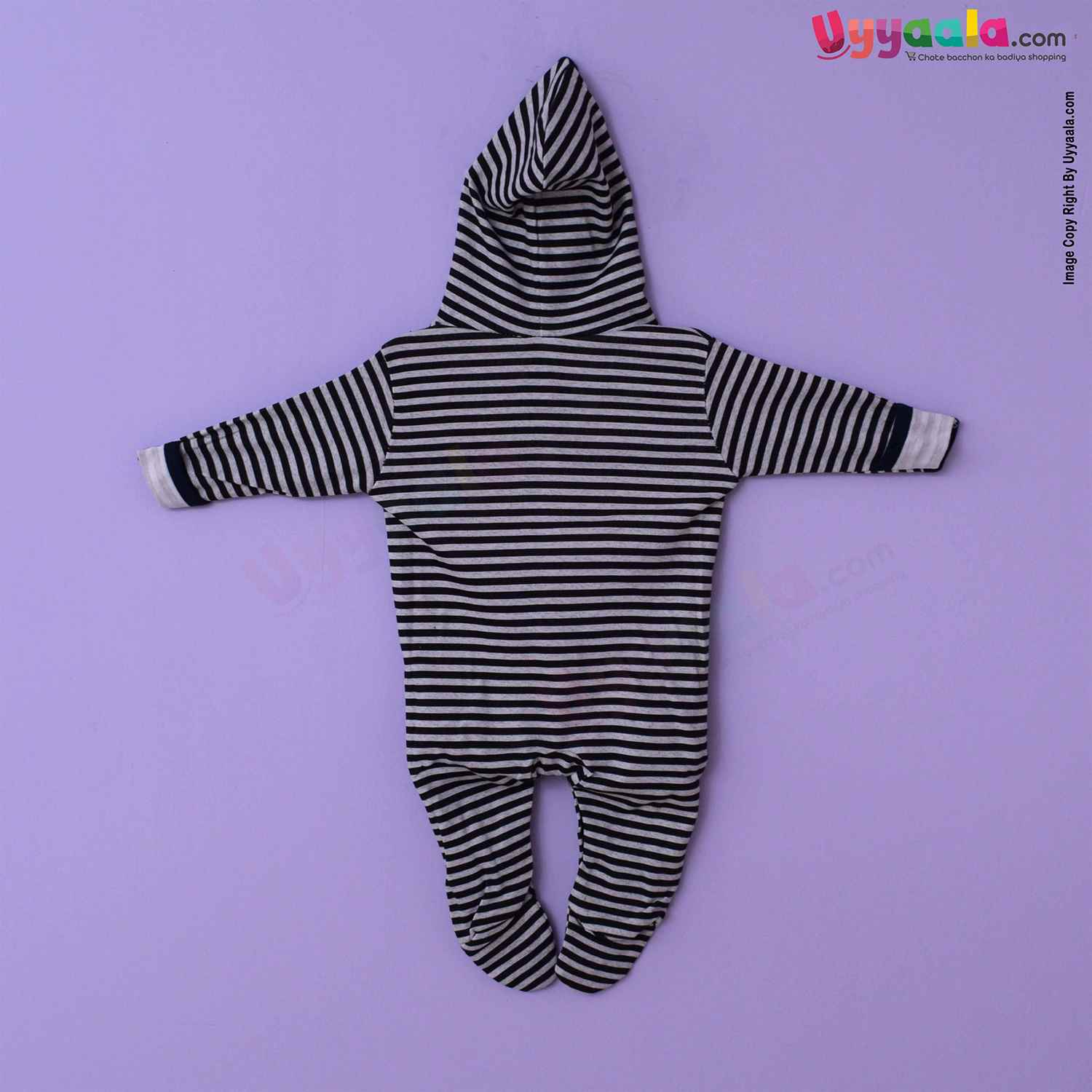 MAGIC TOWN Hooded Sleep Suits For Newborn Babies, 2Pcs - Stripes & Star Print, Black & Grey