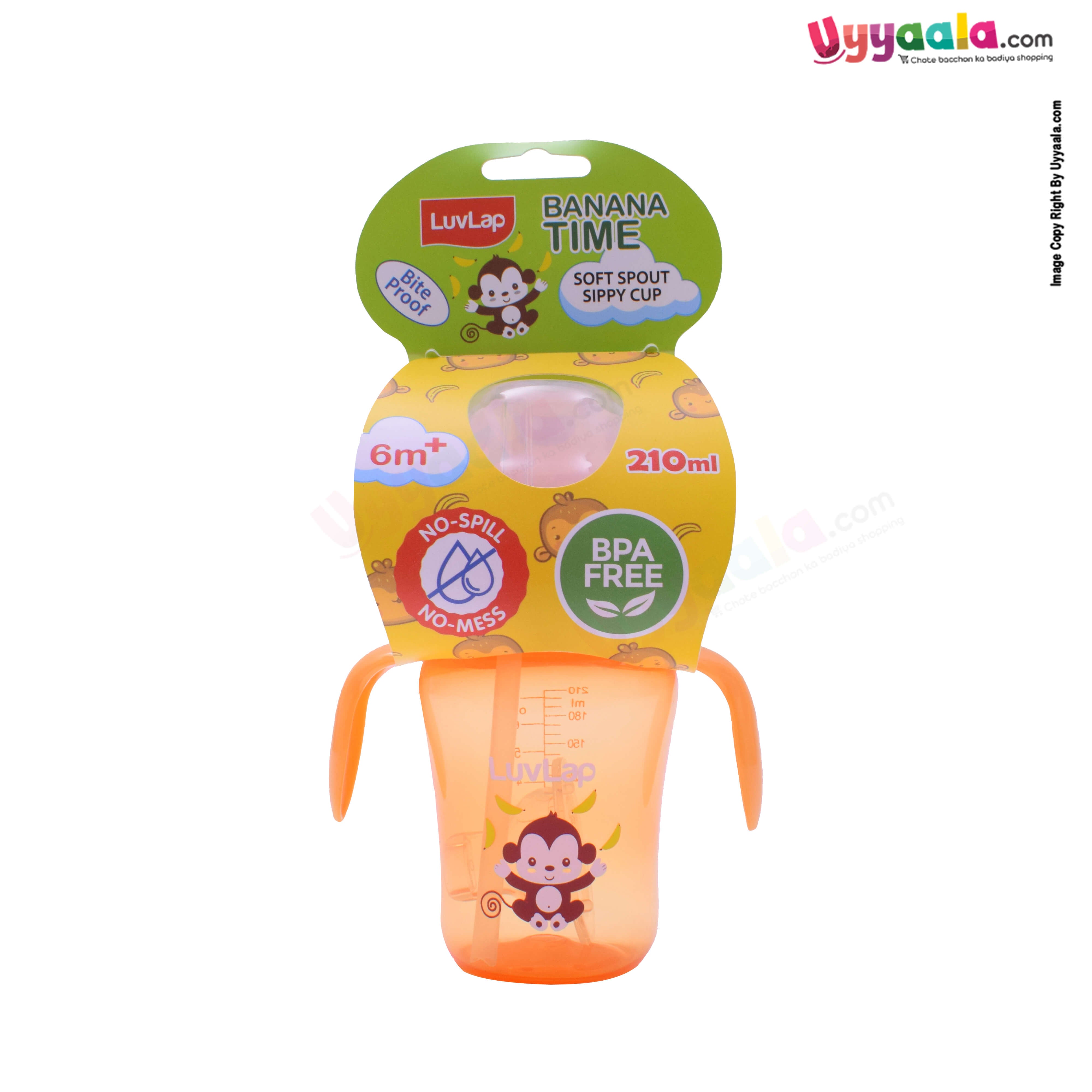 LuvLap Banana time Bite Proof 2 in 1 Soft Spout & Straw Sipper Cup 210ml,6+m Age -Orange