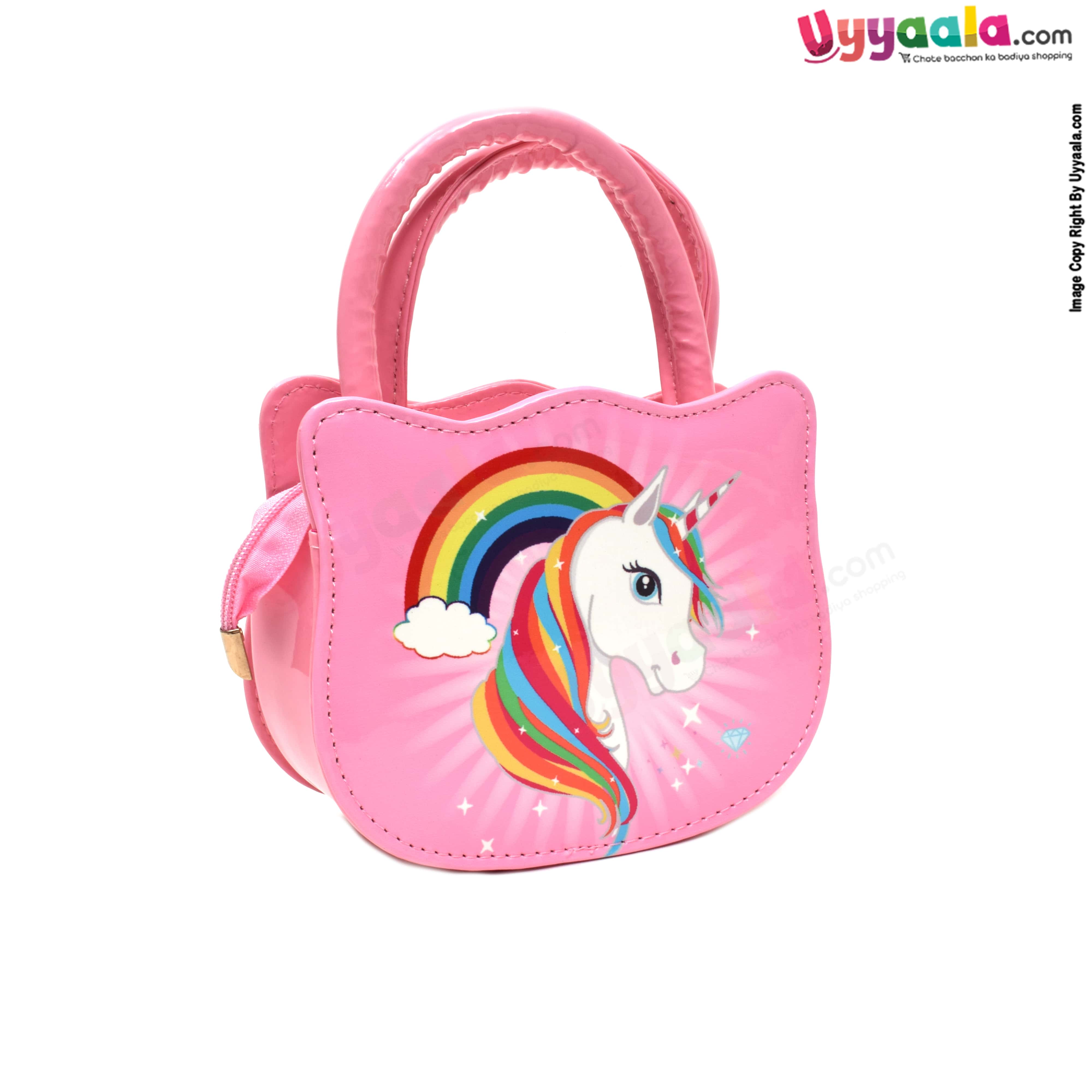 Party wear sling hand bag for kids (baby girl) with rainbow & unicorn print