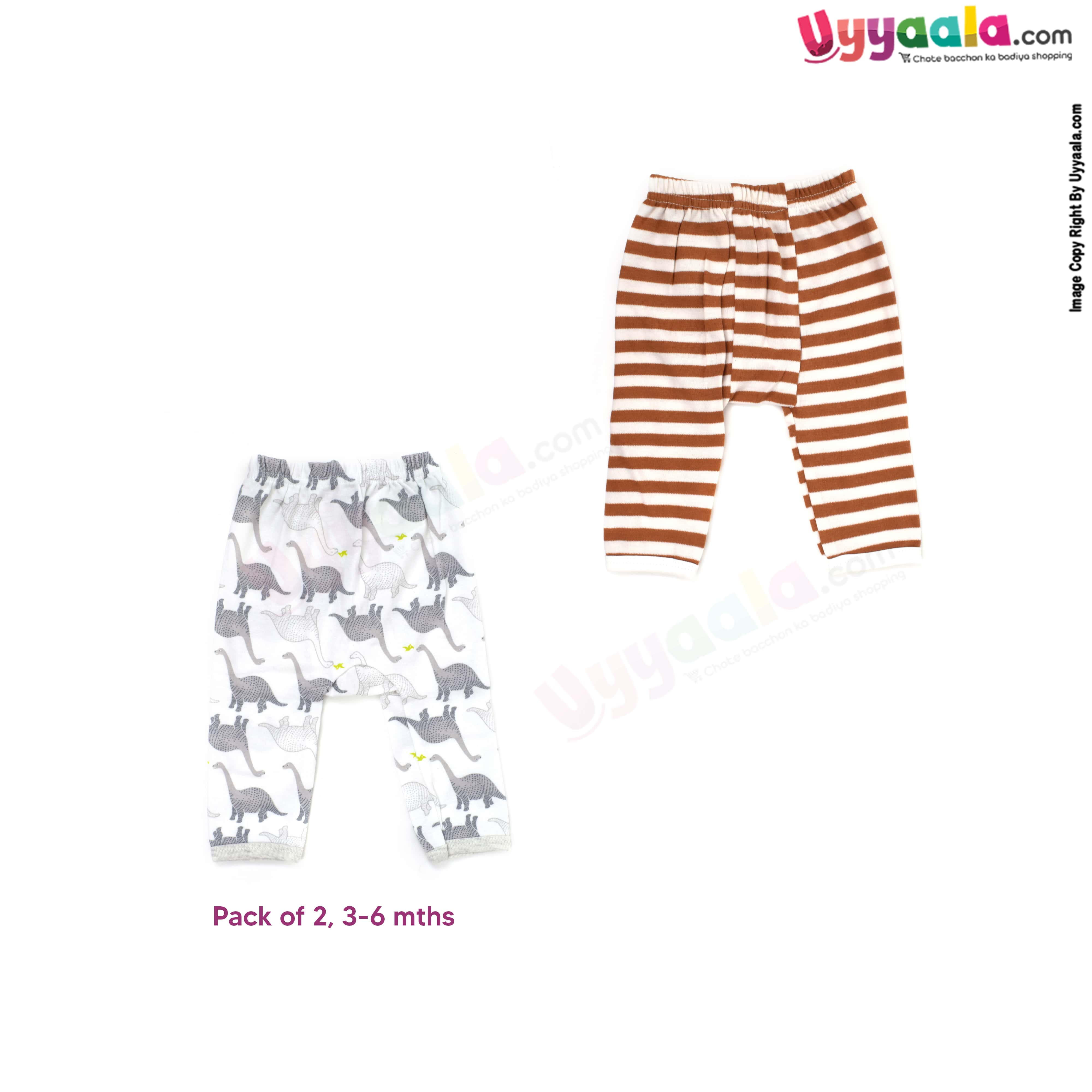 PRECIOUS ONE diaper pants 100% soft hosiery cotton pack of 2 - white with dinosaurs & brown with cream stripes prints (3-6m)