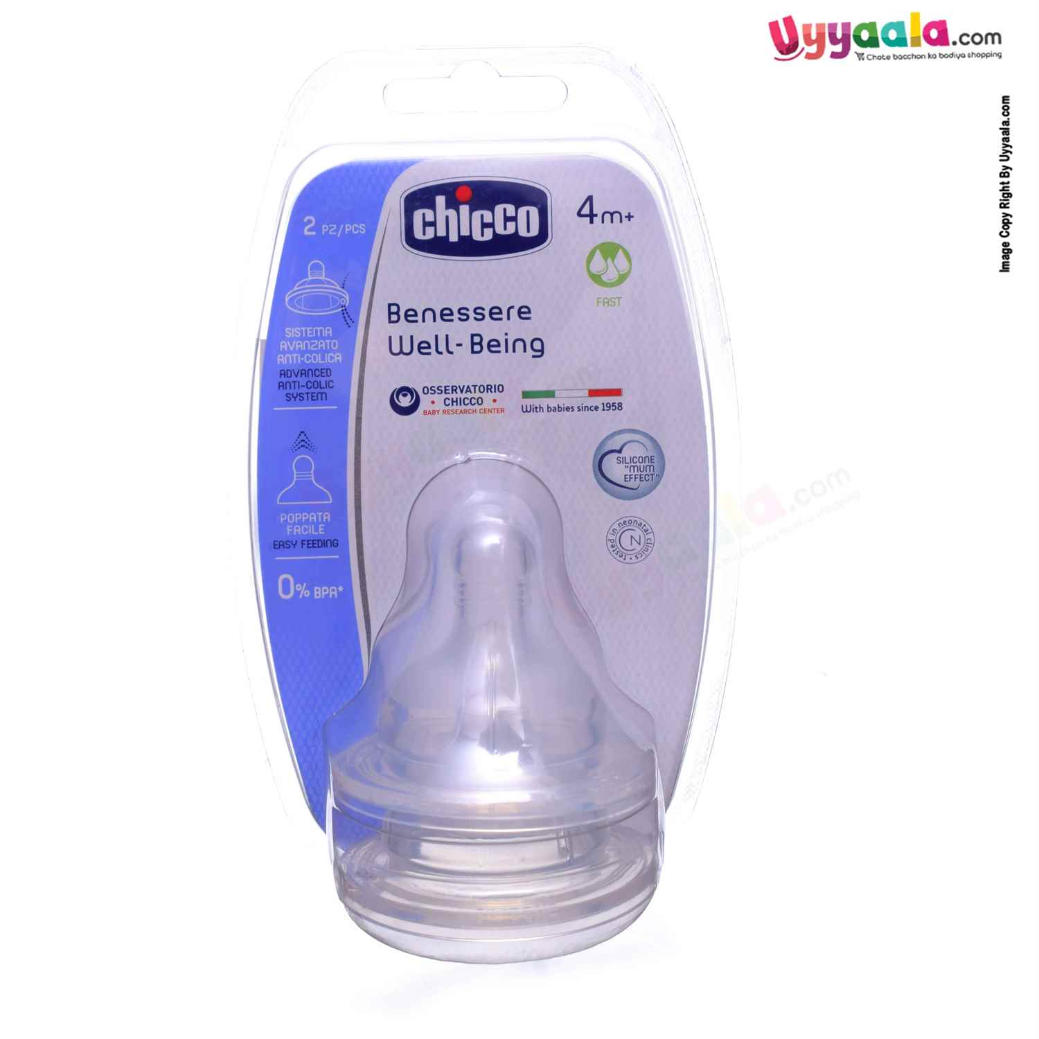 CHICCO Fast flow well being silicon teat, 2pcs - 4+m