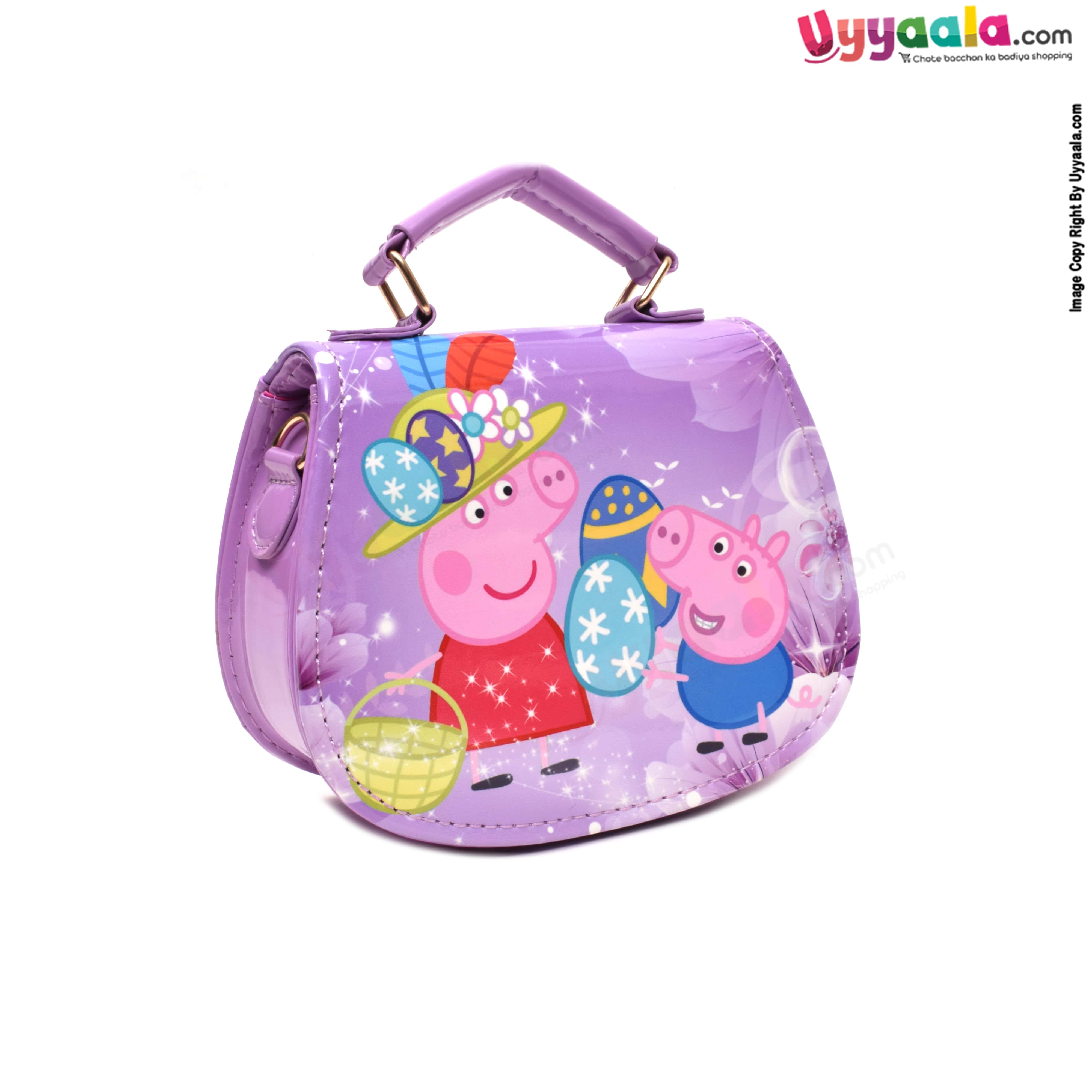 Party wear sling hand bags for kids with adjustable strap, peppa pig print, age 3+ years-Purple