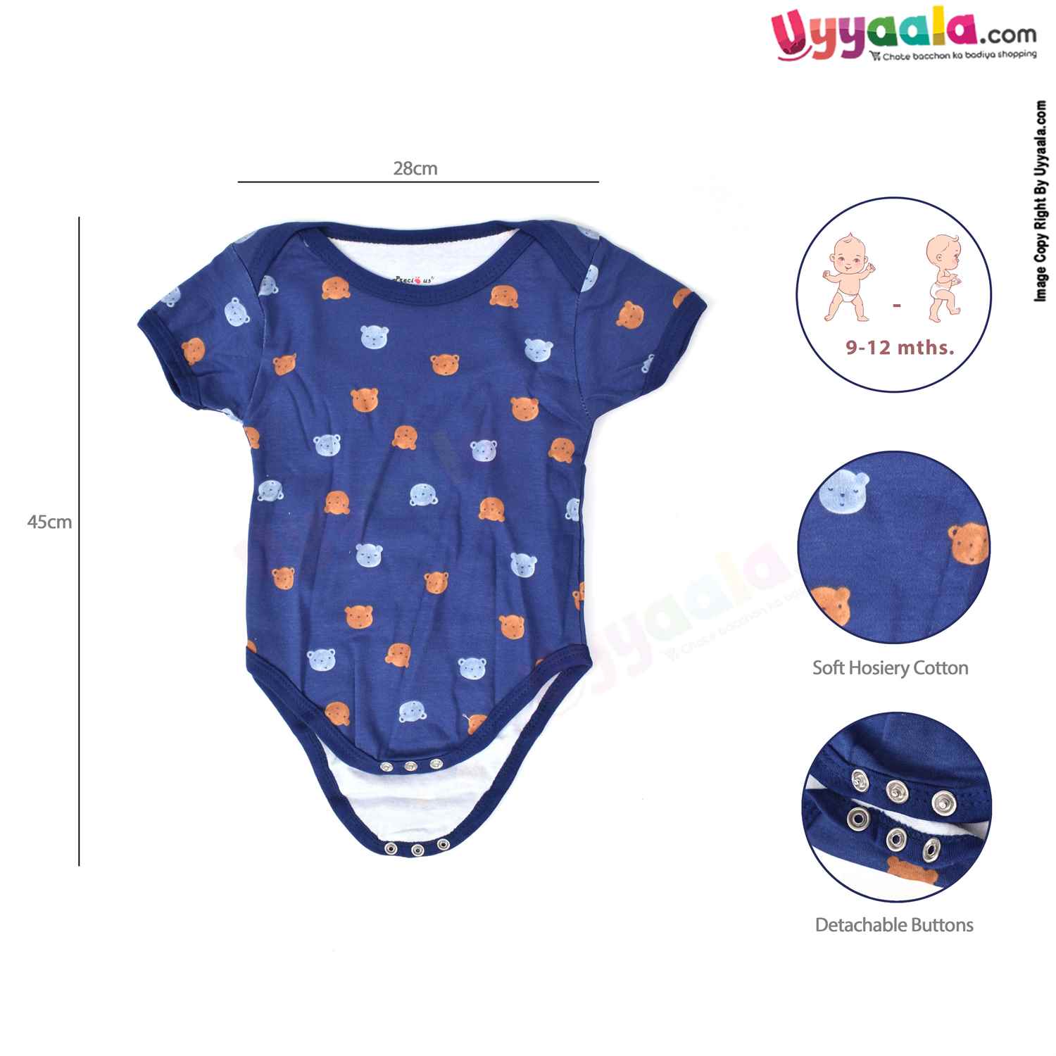 Precious One Short Sleeve Body Suit 100% Soft Hosiery Cotton - Navy Blue with Bears Print (9-12M)