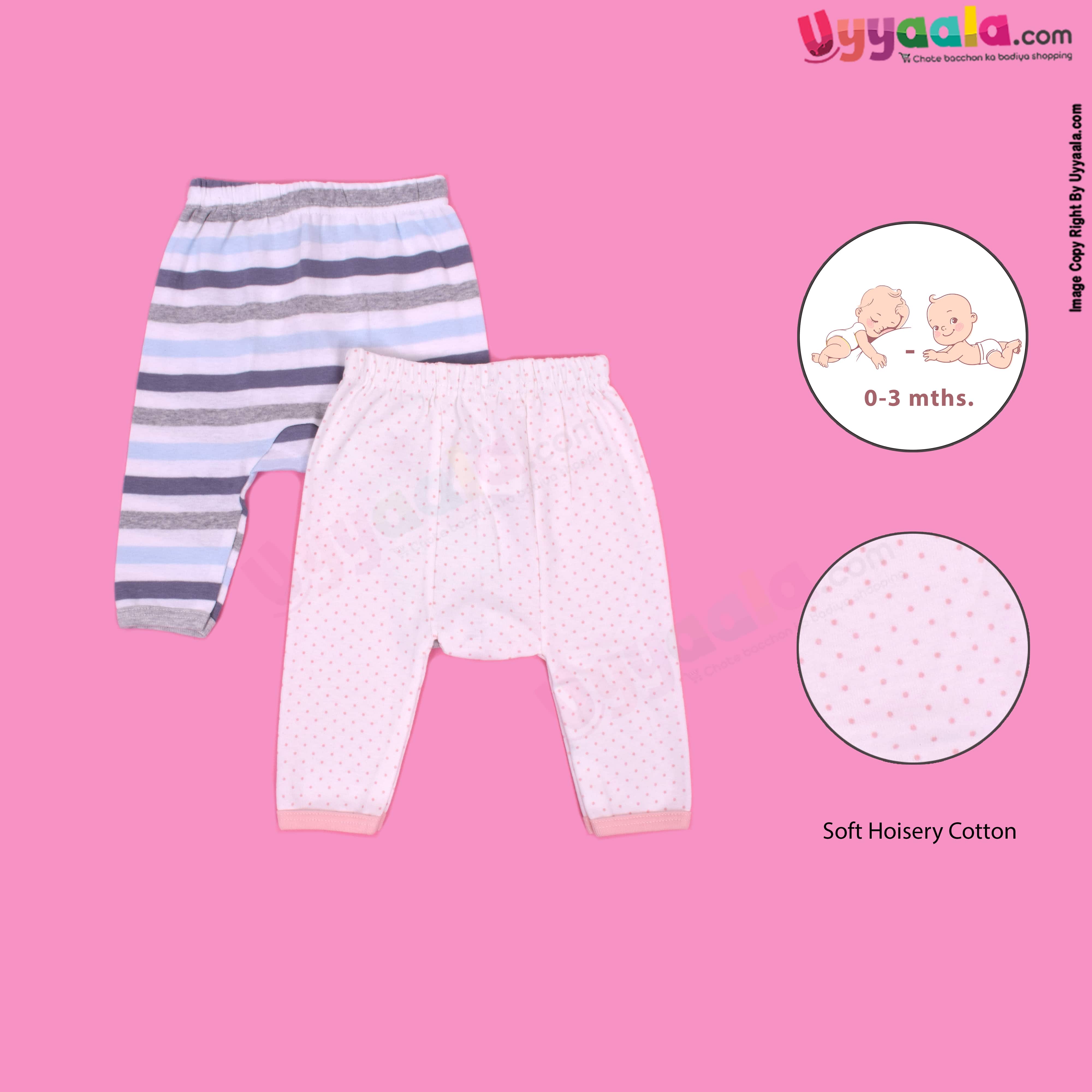 PRECIOUS ONE diaper pants 100% soft hosiery cotton pack of 2 - white with pink dots & multicoloured stripes print (0-3m)