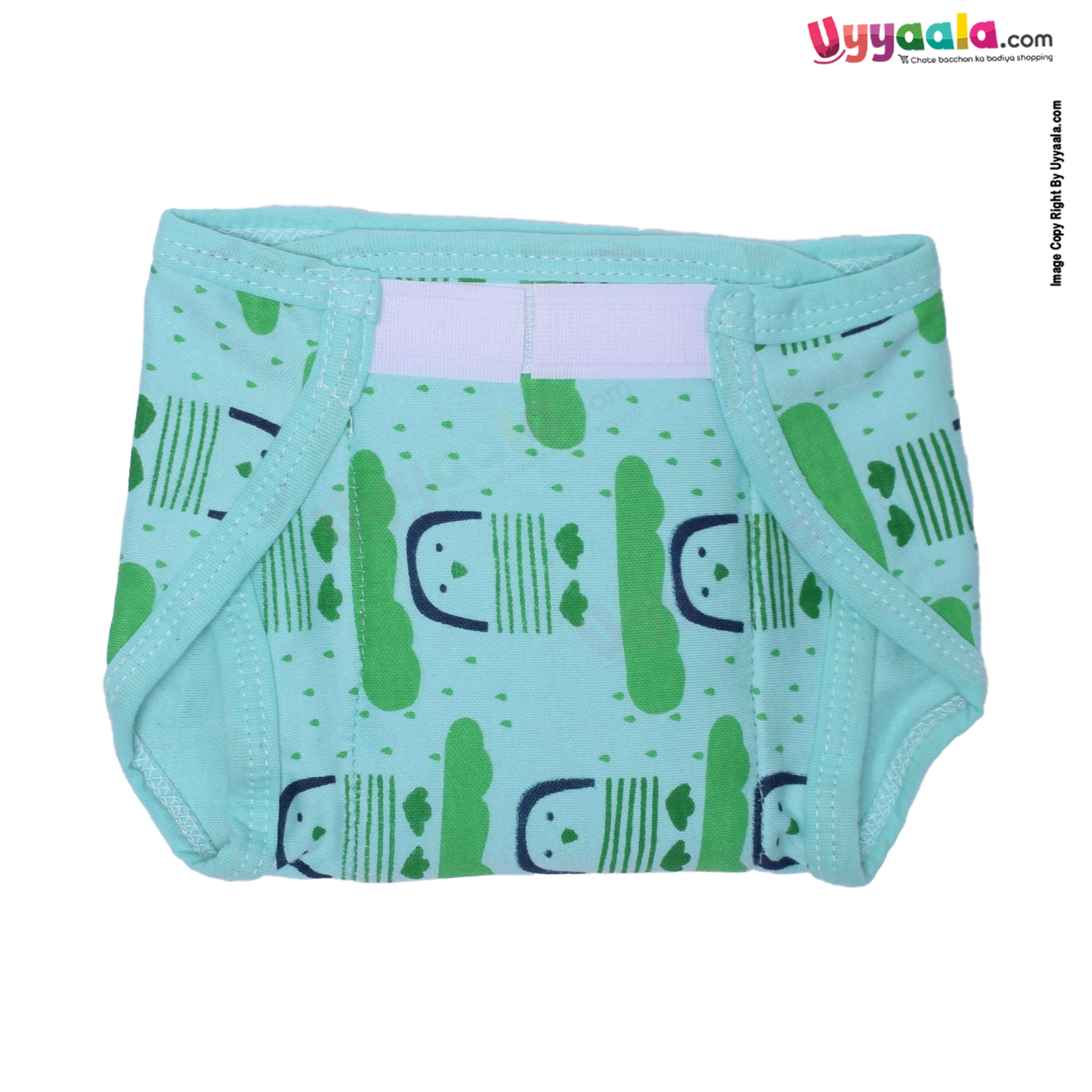 COZYCARE Washable Diapers Hosiery Velcro Penguin Print (Pink, Green) & Apple Print (Blue) 3Pcs Set (SS)