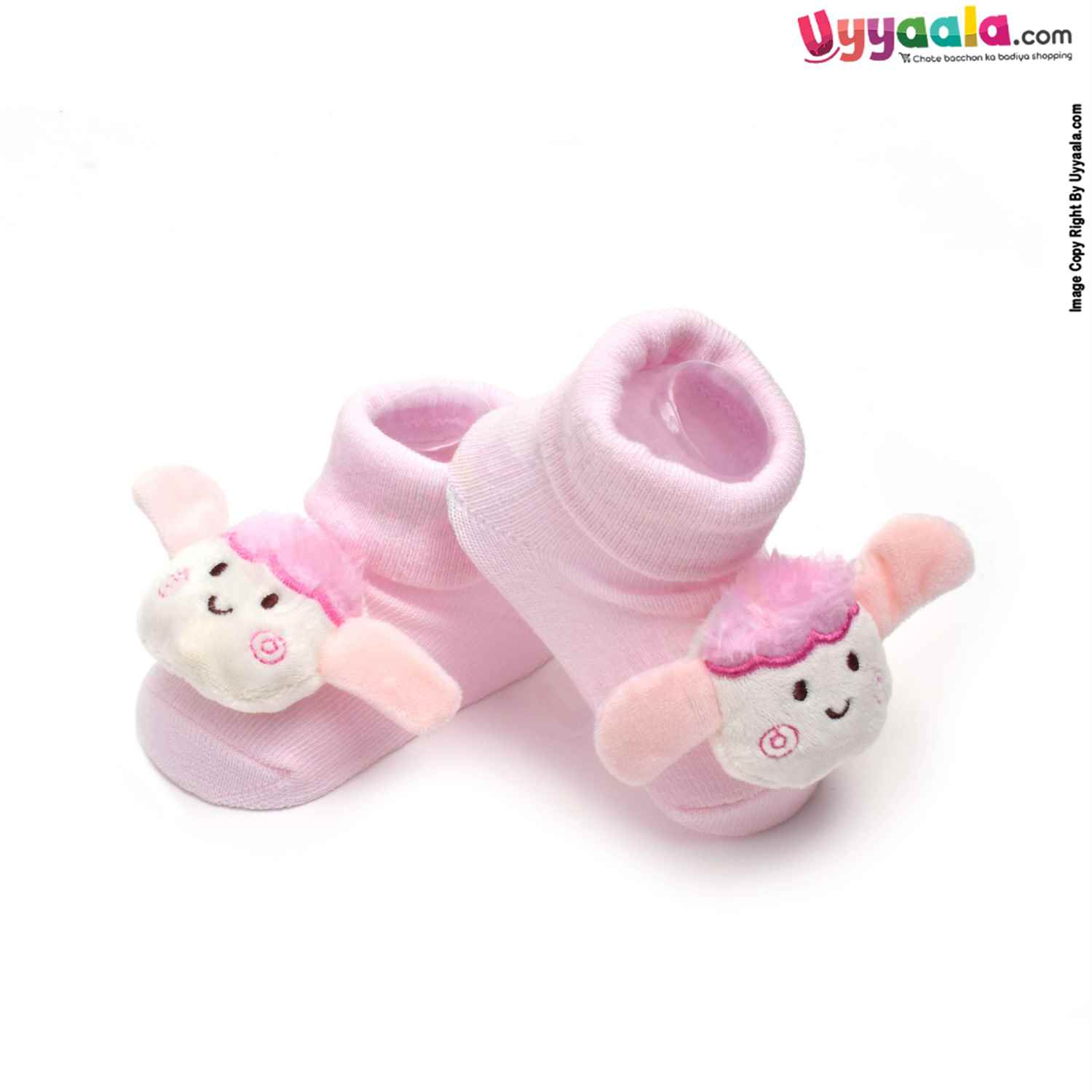 Hosiery Cotton Baby Socks with Cartoon Character ,0 to 12m Age- Pink